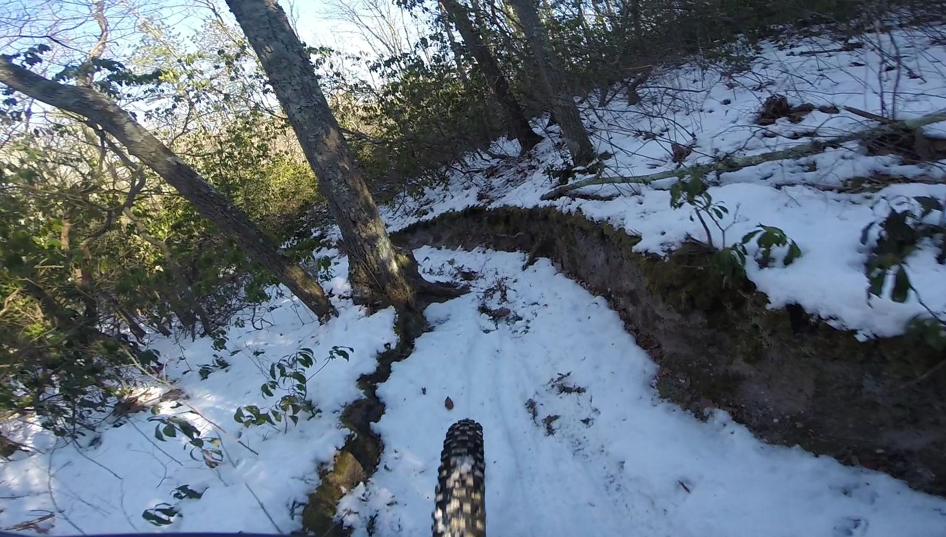 A close-up view of a mountain bike tire navigating a snow-covered forest trail, surrounded by trees and underbrush. The path is winding, with visible tire tracks in the snow and patches of earth peeking through. Allaire State Park mountain bike trail.