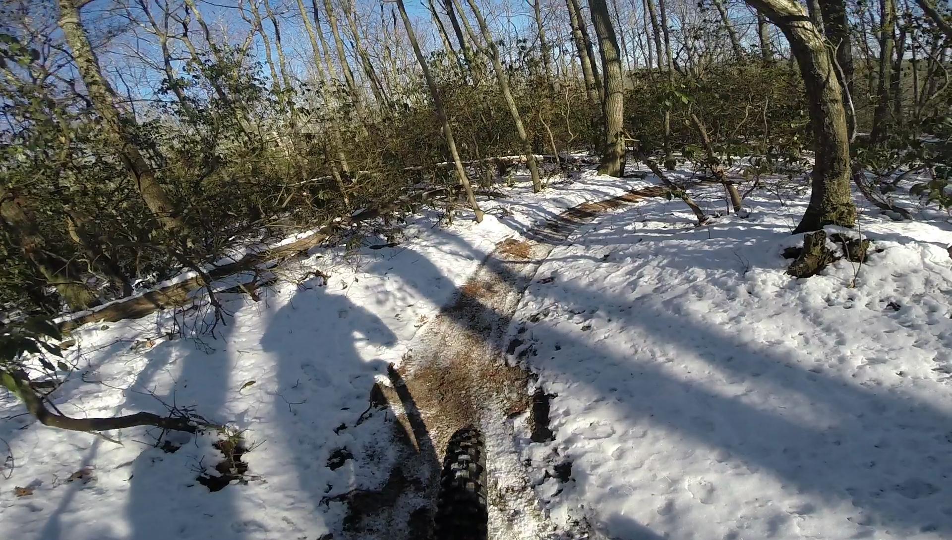 A mountain biking trail covered in snow, with trees lining the path. The perspective is from the rider's view, showing a bike tire on a narrow trail. Sunlight filters through the trees, casting shadows on the snowy ground. Allaire State Park mountain bike trail.