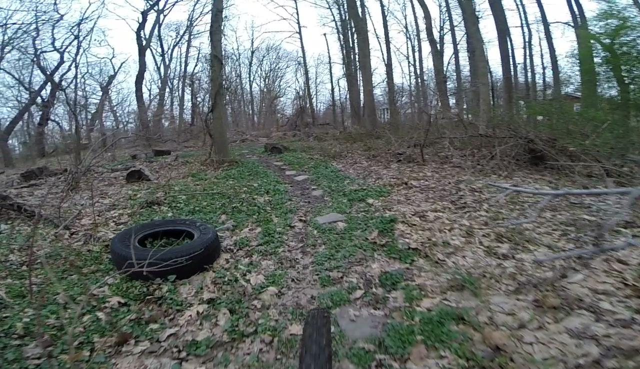 A wooded trail covered with fallen leaves and patches of green vegetation, featuring a discarded tire on the side. The scene is set in a forest with bare trees, indicating early spring or late autumn. Wolfes Pond park mountain bike trail.