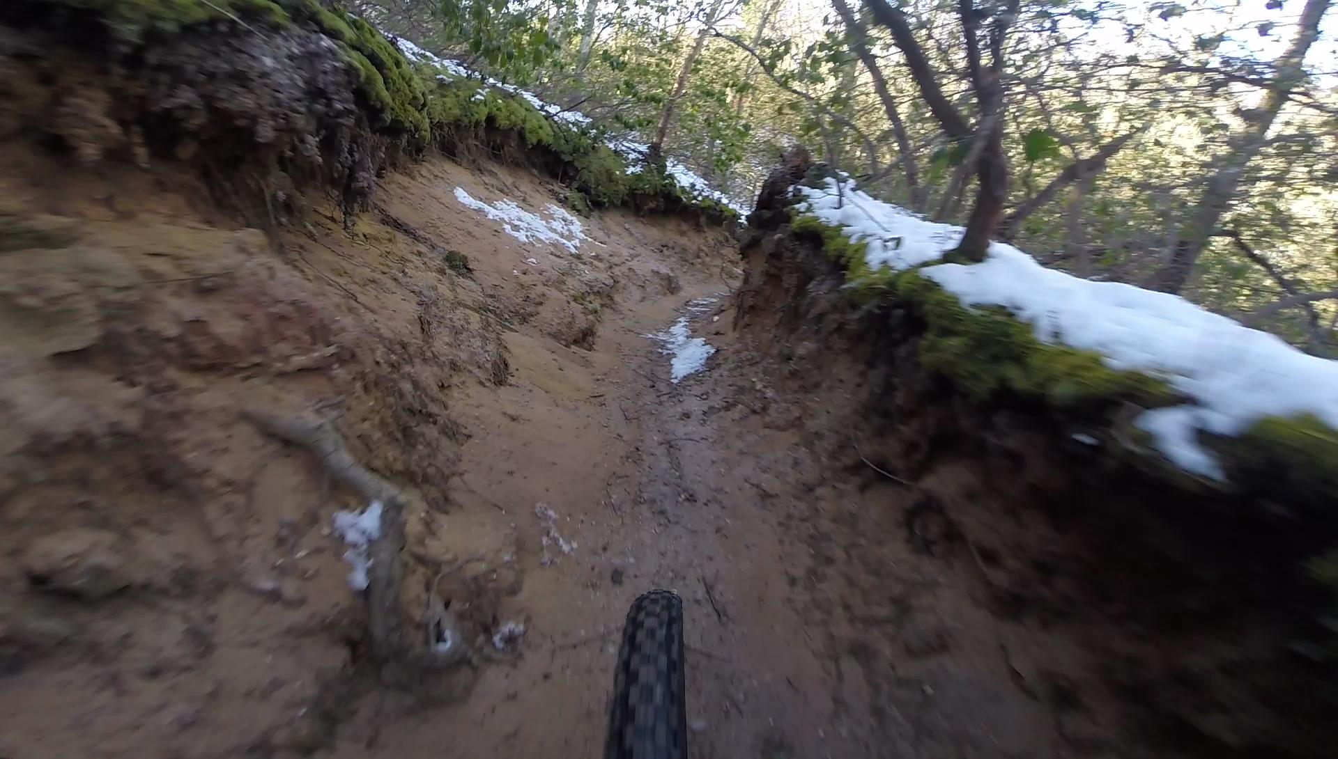 A close-up view of a mountain bike tire navigating a narrow, muddy trail surrounded by moss-covered banks and patches of snow in a wooded area. Sunlight filters through the trees, highlighting the natural terrain. Allaire State Park mountain bike trail.