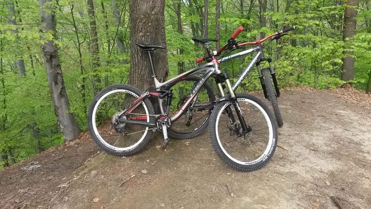 Trek Remedy 8: Two mountain bikes are leaning against a tree in a lush green forest. The bikes feature distinct designs, with one primarily silver and red and the other in shades of blue and black. The ground is a mix of dirt and fallen leaves, indicating a natural, rugged terrain.