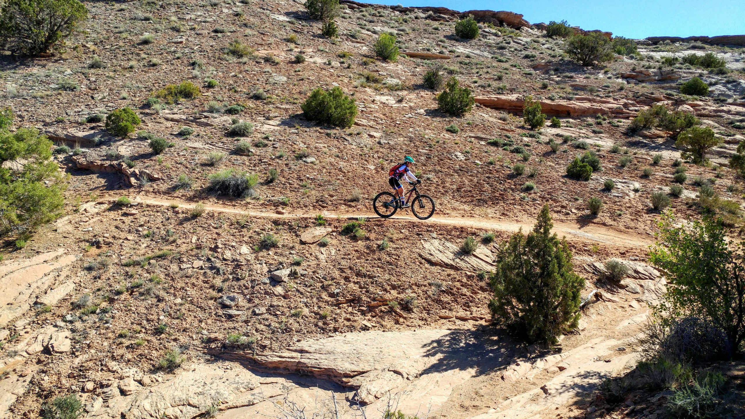 A mountain biker rides along a dirt trail on a rocky hillside, surrounded by sparse vegetation and shrubs under a clear blue sky. Navajo Rocks mountain bike trail.