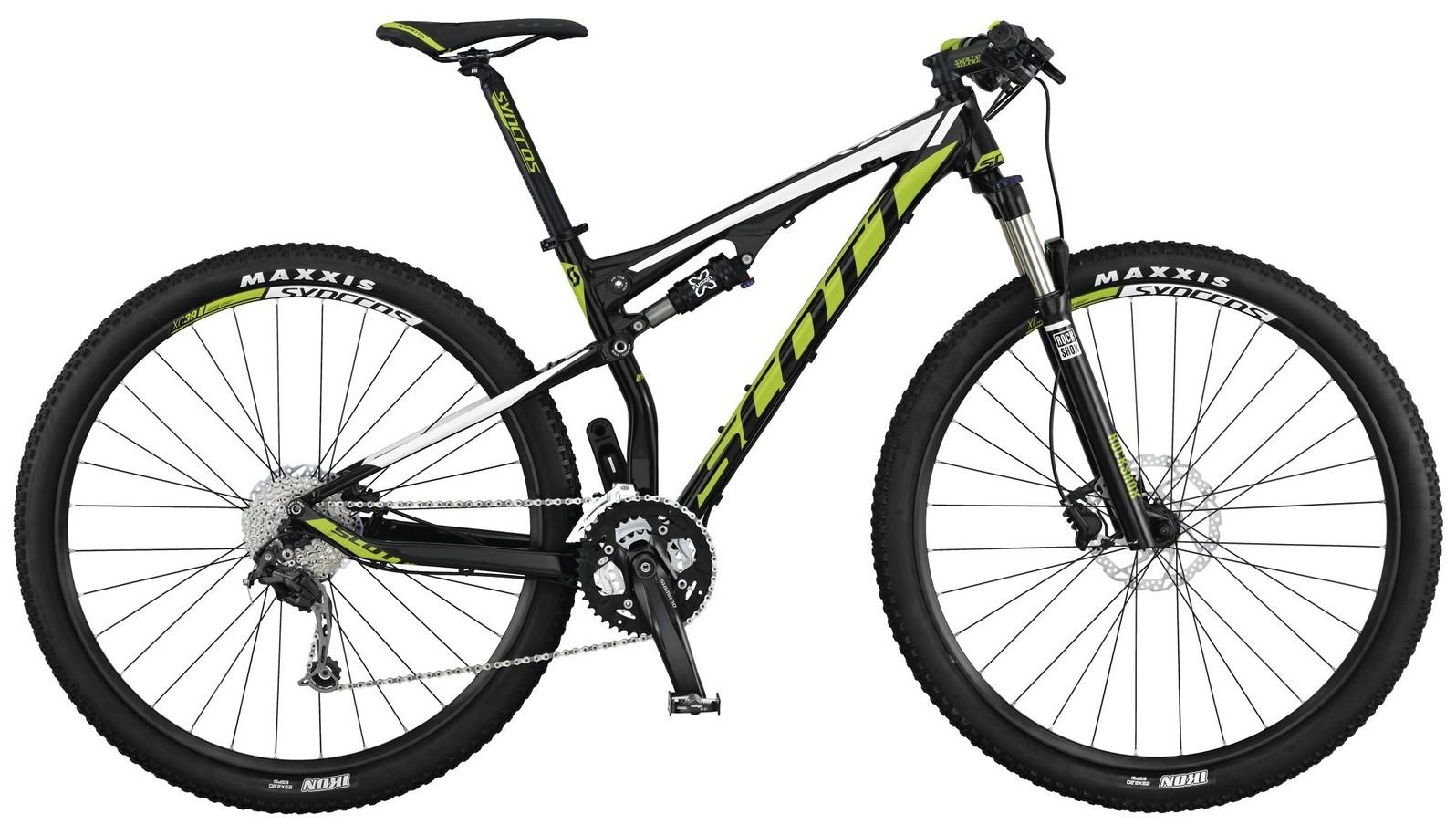 Scott Spark 760 Bike: A black and green Scott mountain bike with a lightweight frame, equipped with front and rear suspension, wide tires, and a gear system. The bike features Maxxis tires and is designed for off-road cycling.