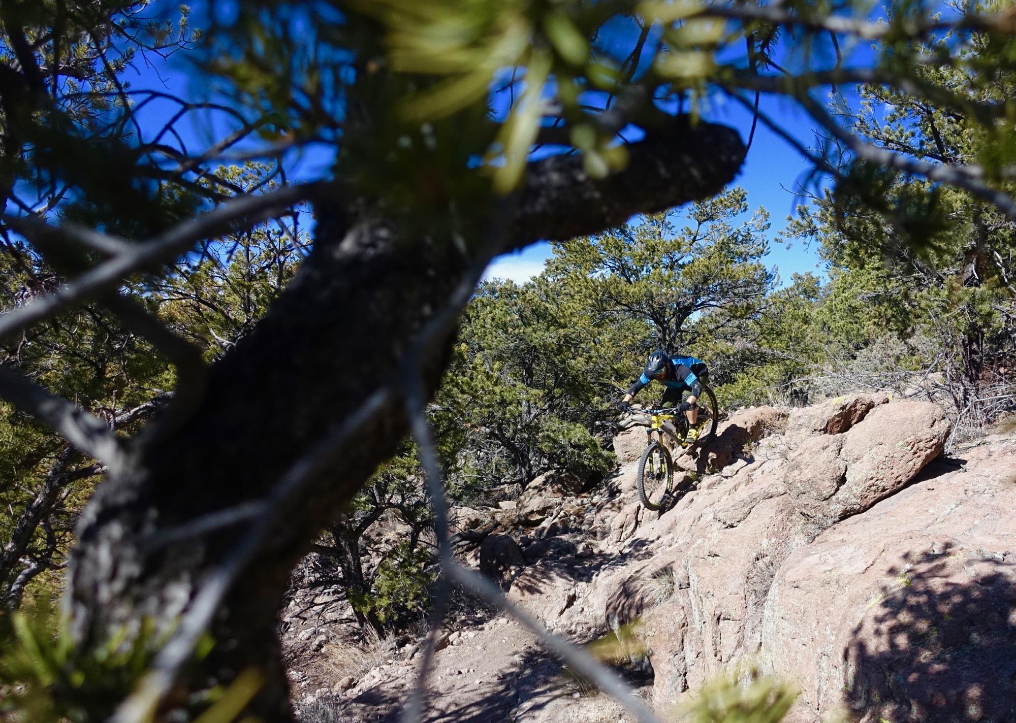 A mountain biker navigating a rocky trail surrounded by trees under a clear blue sky. The cyclist is crouched low on a yellow bike, balancing as they traverse the uneven terrain. Unkle Nazty mountain bike trail.