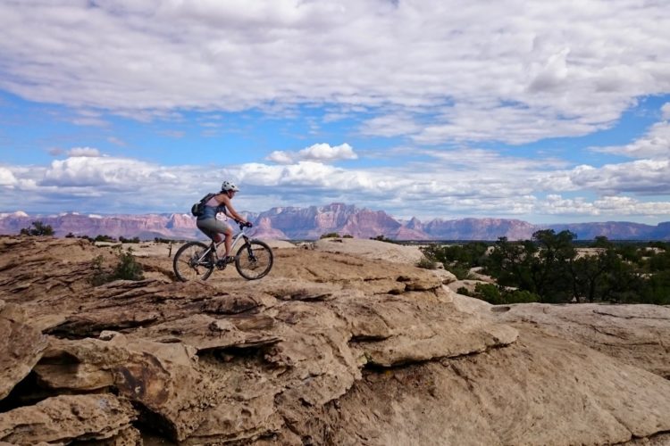 A mountain biker navigating rocky terrain with a scenic backdrop of mountains and clouds in the distance. The landscape features unique rock formations and greenery under a partly cloudy sky.