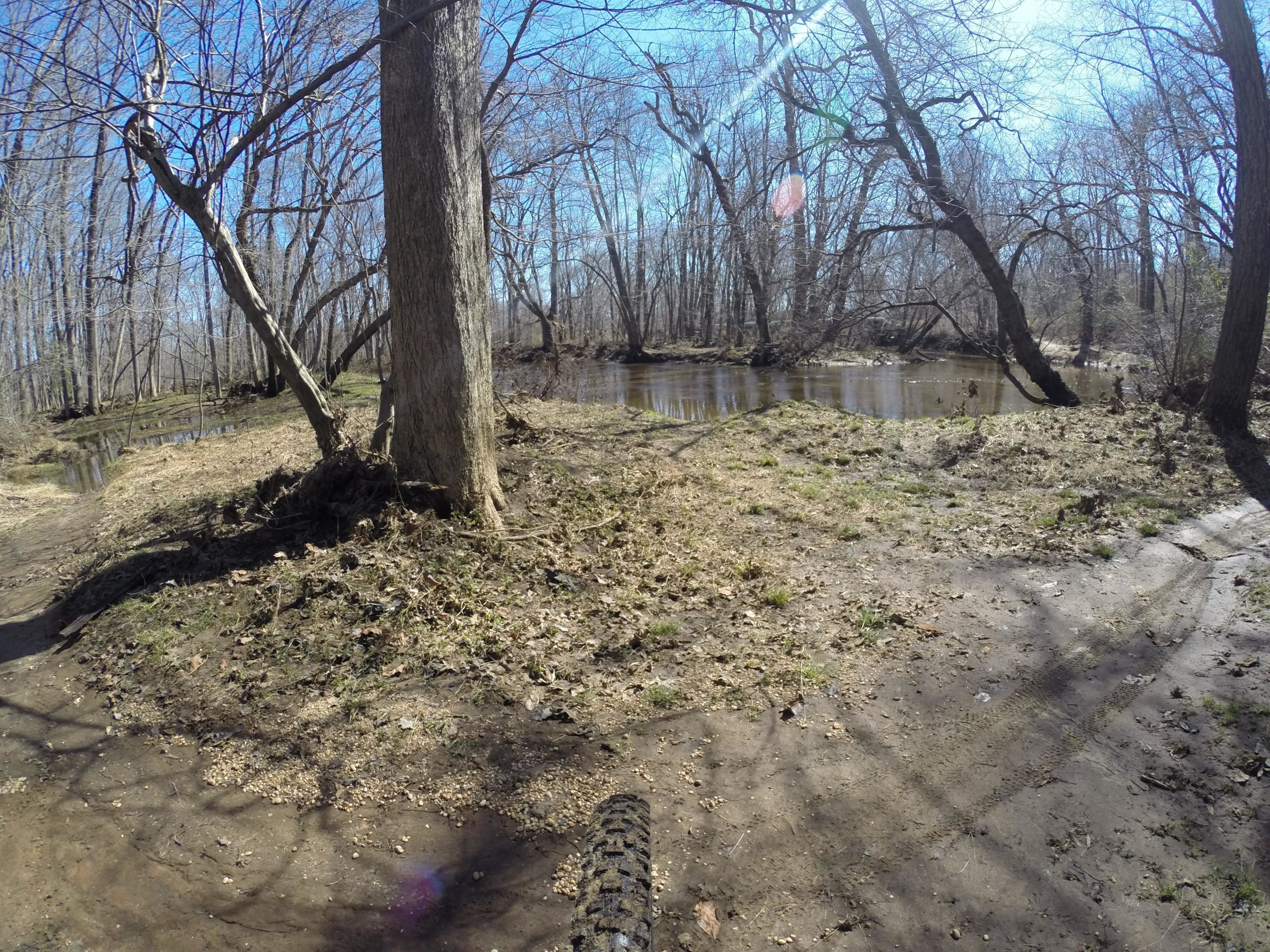A serene landscape featuring a winding creek surrounded by bare trees under a clear blue sky. The foreground shows a dirt path with signs of tire tracks, leading toward the water's edge, where patches of grass and dried leaves are visible. Allaire State Park mountain bike trail.