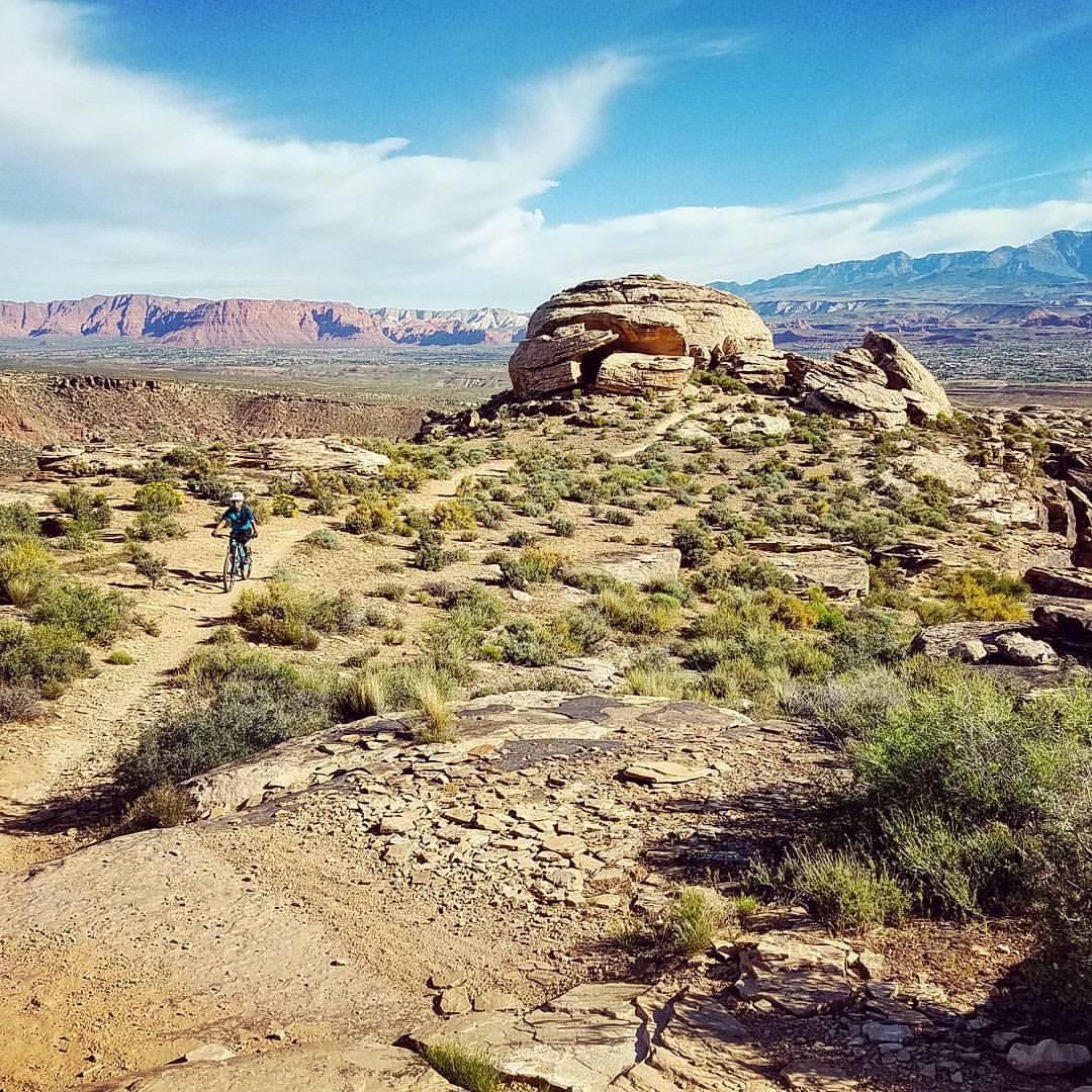 A mountain biker riding along a dirt trail in a desert landscape, with large rock formations and greenery. In the background, there are colorful mountains under a partly cloudy sky. Zen Trail mountain bike trail.