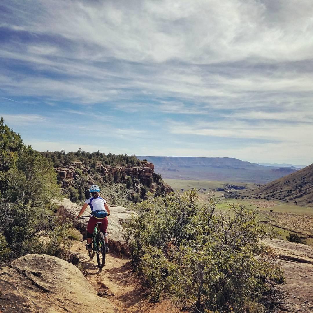 A person riding a mountain bike on a rocky trail, surrounded by shrubs and trees, with a panoramic view of hills and distant mountains under a partly cloudy sky. Guacamole Mesa mountain bike trail.