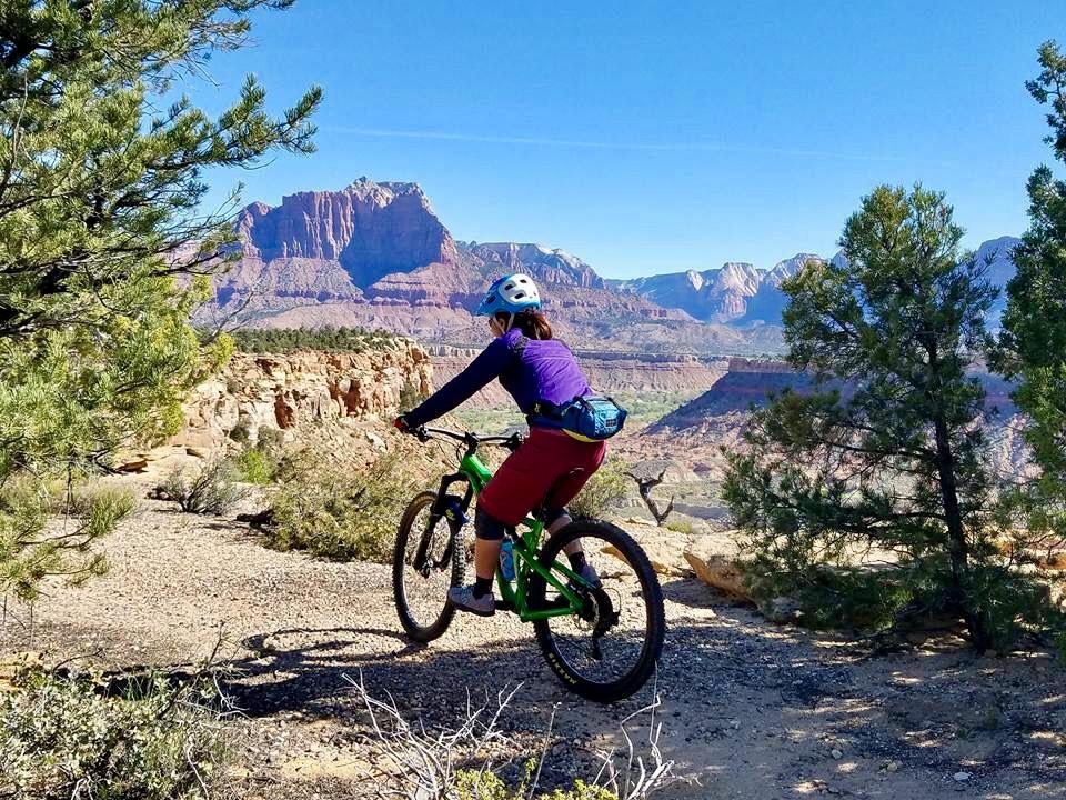 A mountain biker rides along a scenic trail with rugged mountains in the background, surrounded by greenery and blue skies. The cyclist is wearing a helmet and riding a green bike, showcasing an active outdoor lifestyle. Wire Mesa Loop mountain bike trail.