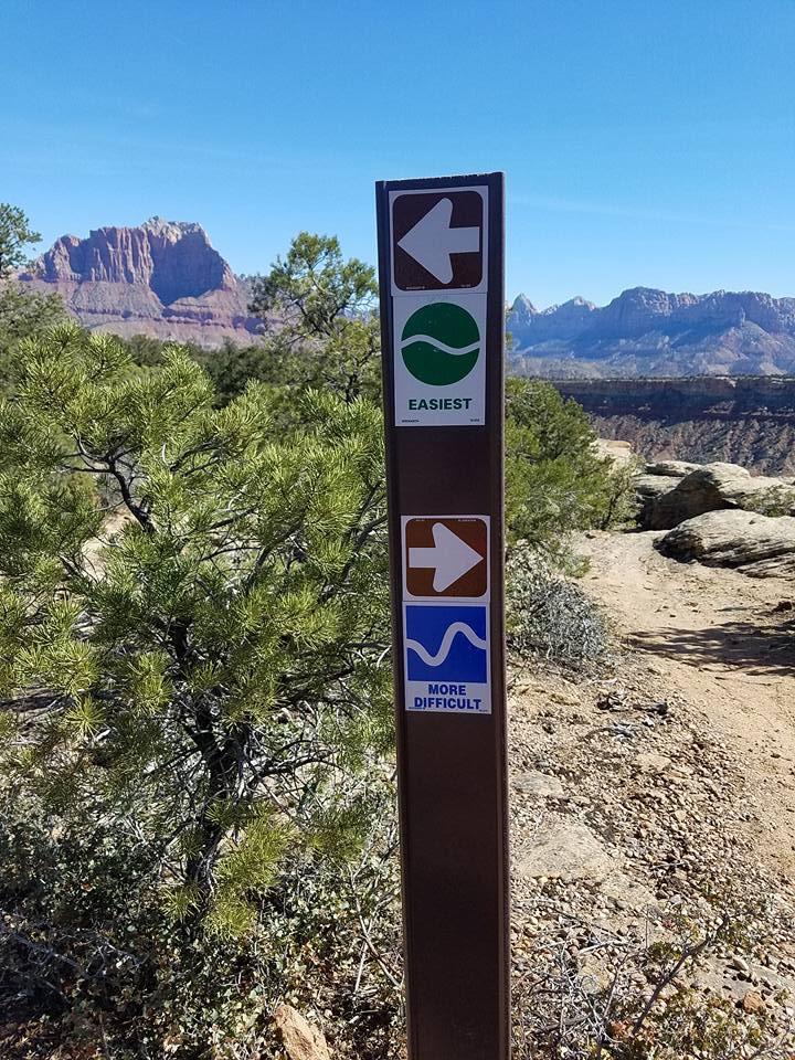 Signpost indicating hiking trail difficulty levels, with symbols for "Easiest" (green circle) and "More Difficult" (blue wavy line), along with directional arrows. The background features rocky mountains under a clear blue sky. Wire Mesa Loop mountain bike trail.