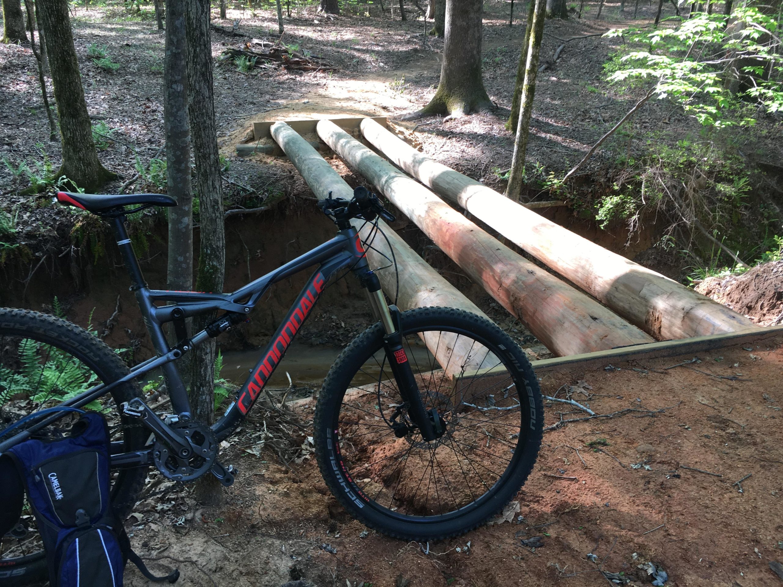 A mountain bike rests on sandy ground beside a wooden bridge made of logs, crossing a small ditch in a forested area. Lush green foliage surrounds the scene, with trees and underbrush visible in the background. Harbison State Forest mountain bike trail.