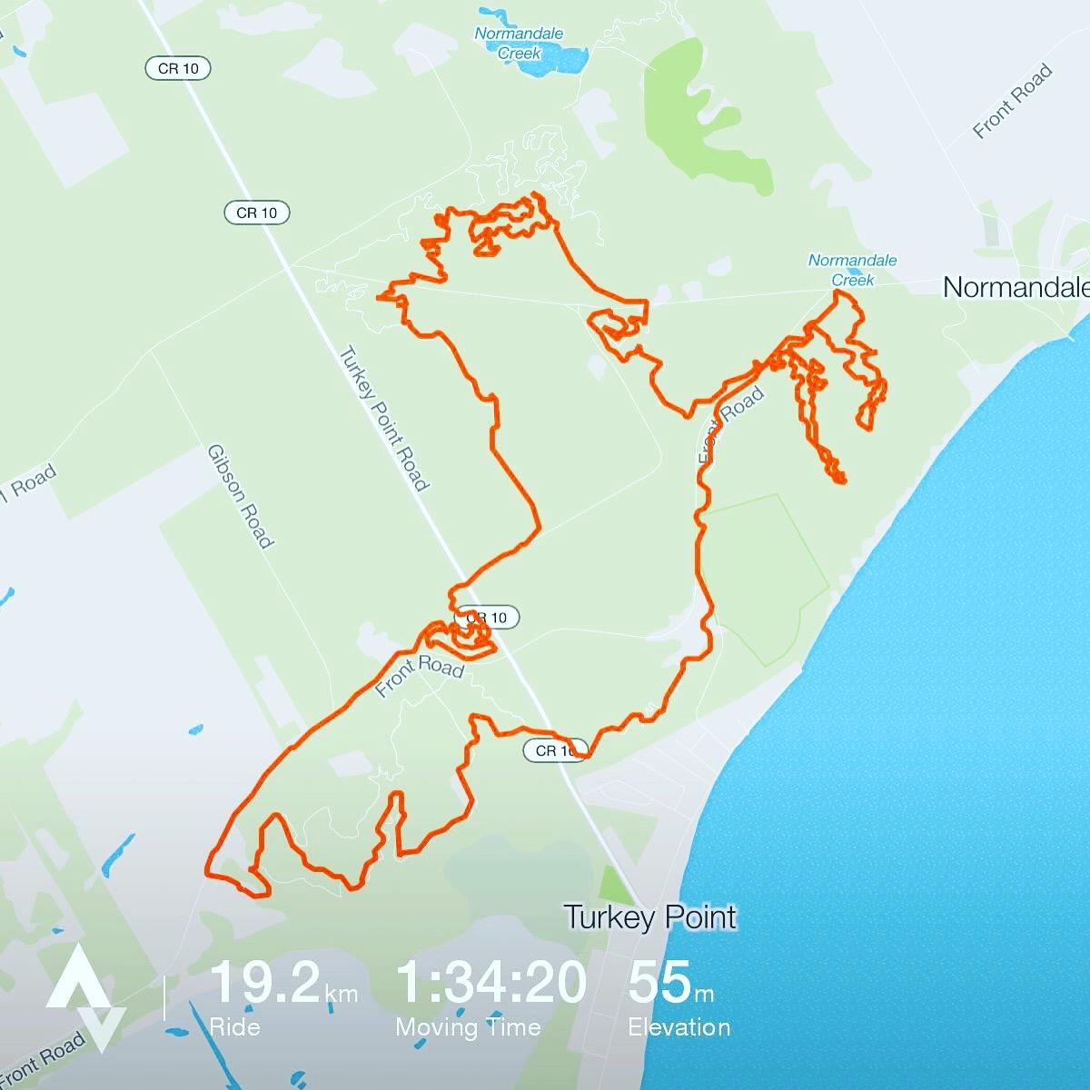 Map displaying a cycling route at Turkey Point, showing a distance of 19.2 km, a moving time of 1 hour and 34 minutes, and an elevation gain of 55 meters. The route is marked in orange and includes various roads and turns, with Normandale Creek and the coastline visible nearby. Turkey Point Provincial Park mountain bike trail.