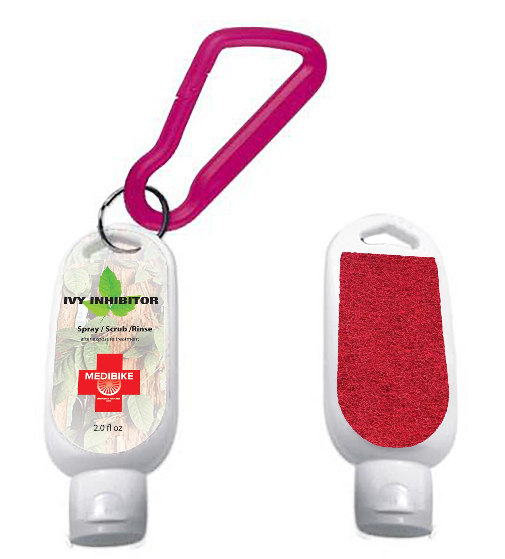 Medi-Bike MediBike Emergency Response Kit & App: Image of a small 2-ounce bottle labeled "Ivy Inhibitor," featuring instructions for spray, scrub, and rinse after exposure treatment. The bottle has a bright pink carabiner attached for easy carrying, and its design includes a textured red scrubber on one side.