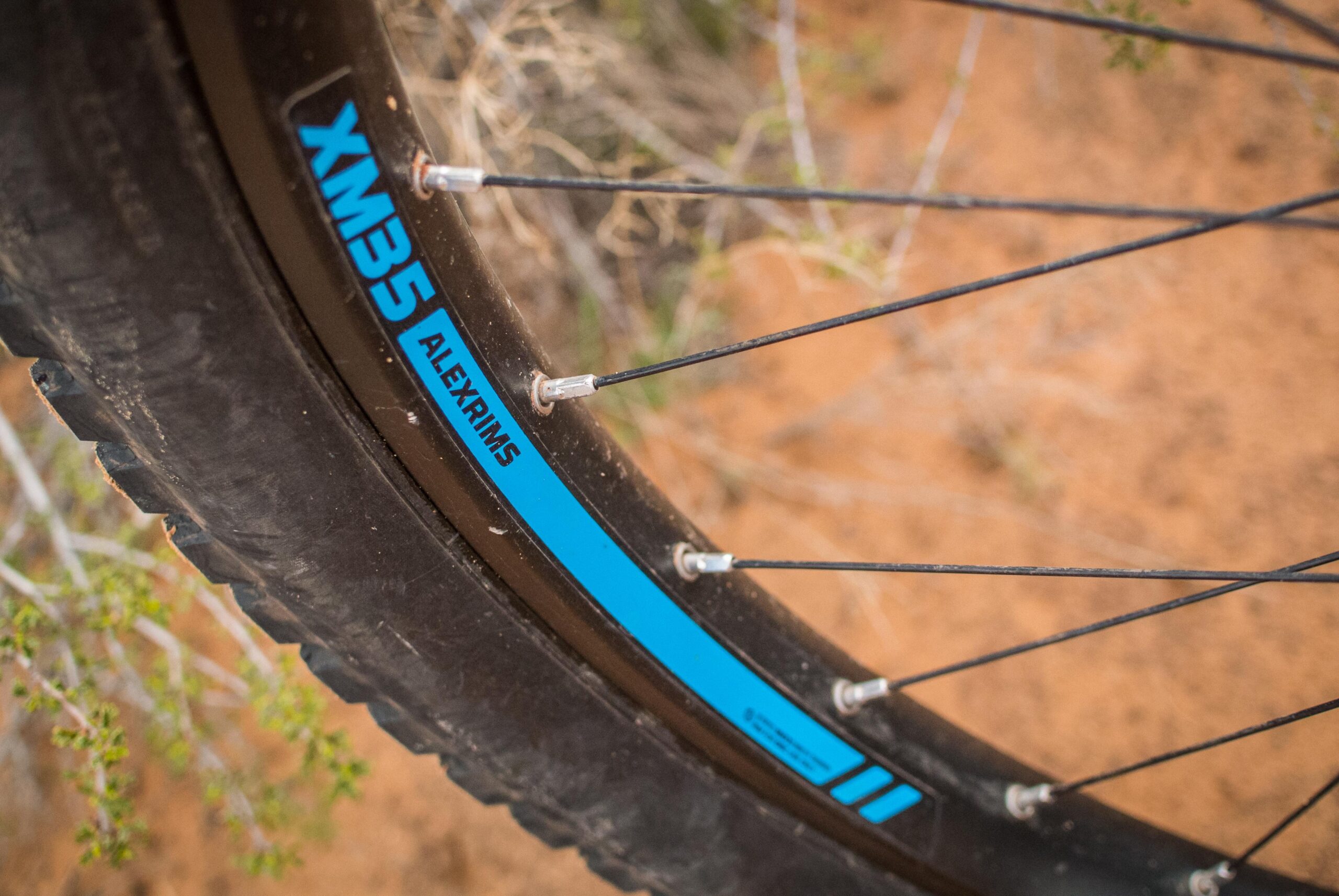 Rocky Mountain Pipeline: Close-up of a bicycle wheel's rim, featuring the label "XM35 ALEXRIMS" in blue against a dark background. The wheel is partially surrounded by a dirt landscape, with some vegetation in the frame, emphasizing an off-road biking context.