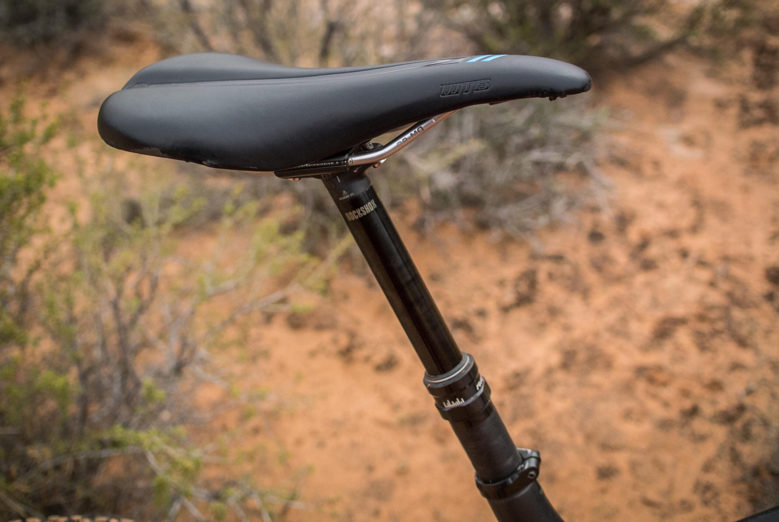 Rocky Mountain Pipeline: Close-up of a black bicycle saddle mounted on a dropper post, set against a natural backdrop of sandy terrain and sparse vegetation.