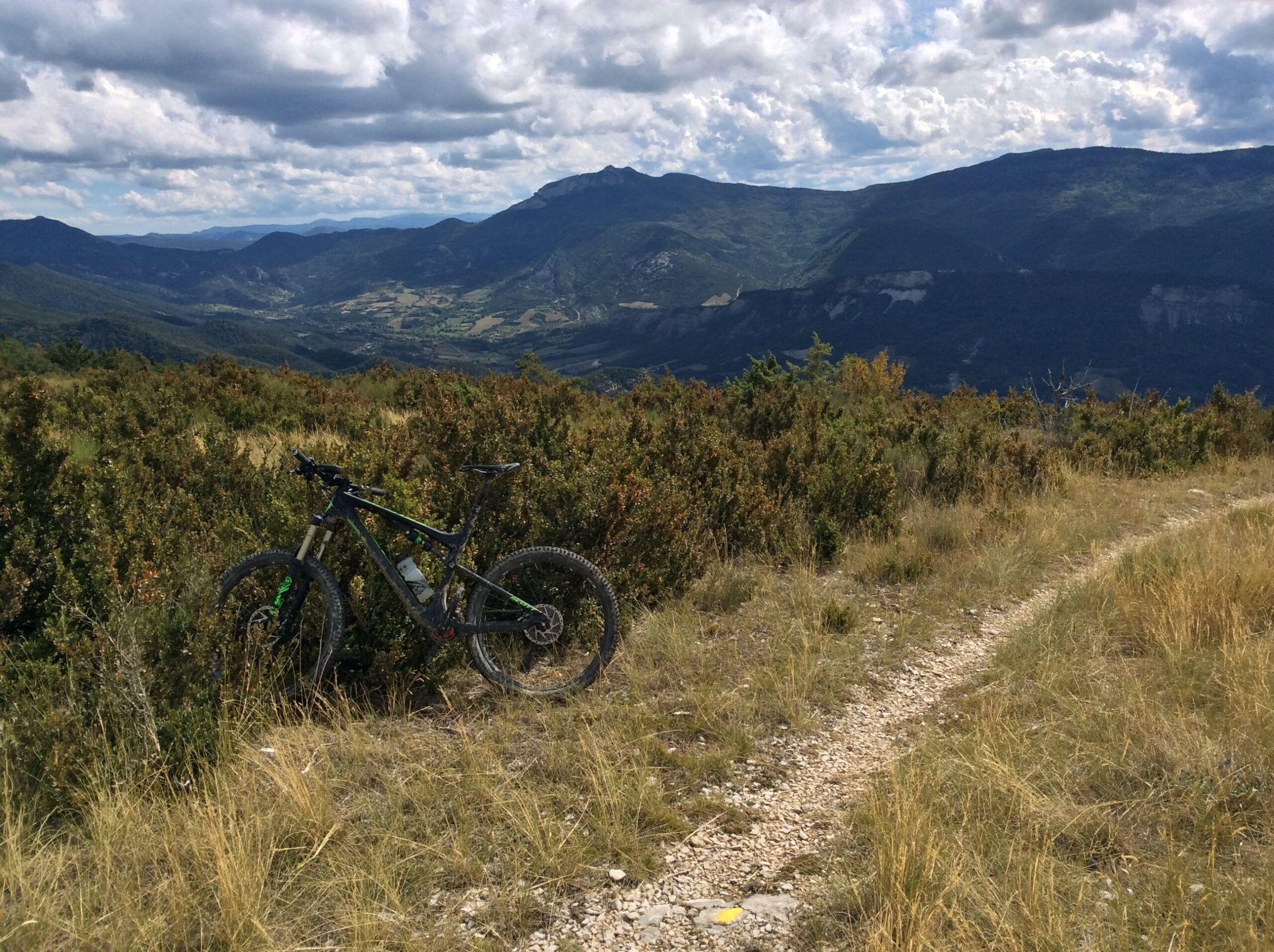Scott Genius 730 Bike: A mountain bike resting on a dirt trail surrounded by tall grass and shrubs, with a panoramic view of rolling hills and distant mountains under a partly cloudy sky.
