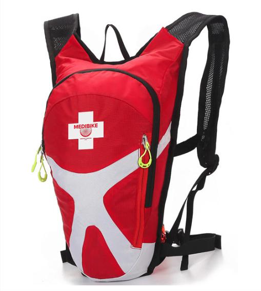Medi-Bike MediBike Emergency Response Kit & App: A red and white medical-themed backpack designed for biking, featuring a prominent white cross logo and the text "MEDIBIKE." The backpack includes reflective accents and mesh straps for comfort.