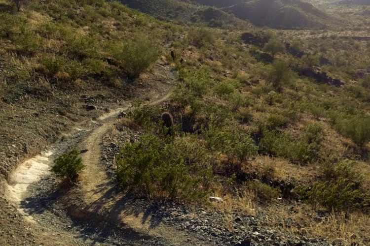 A winding dirt trail surrounded by sparse vegetation and rocky terrain, set against a backdrop of rolling hills and distant mountains. The sun casts long shadows, highlighting the rugged landscape.