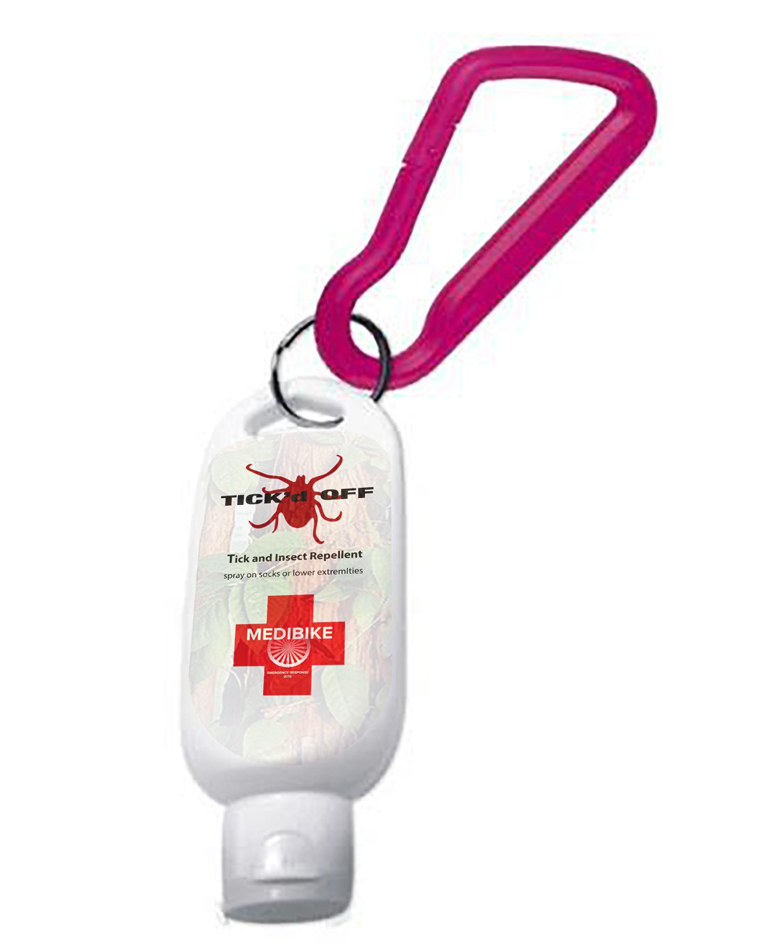 Medi-Bike MediBike Emergency Response Kit & App: A bottle of tick and insect repellent labeled "Tick'd Off," attached to a pink carabiner. The packaging indicates it is for spraying on socks and lower extremities, with the brand "Medibike" featured prominently. The background suggests a nature or outdoor theme.