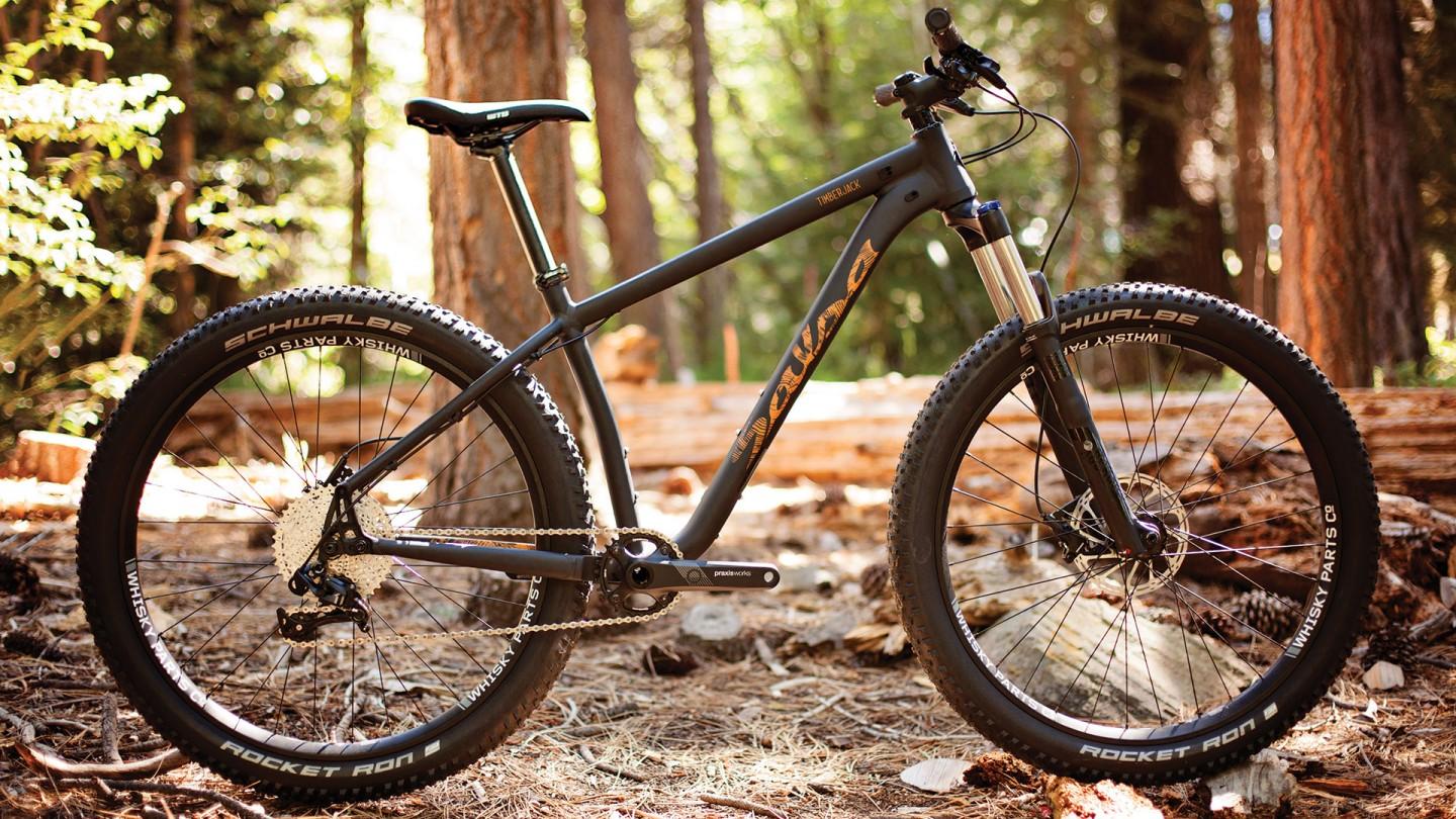 Salsa Timberjack: A mountain bike with a black frame and distinctive orange lettering, positioned on a forest floor surrounded by trees. The bike features large wheels with Schwalbe tires, a front suspension fork, and a visible drivetrain components. Sunlight filters through the trees, creating a natural and scenic outdoor setting.