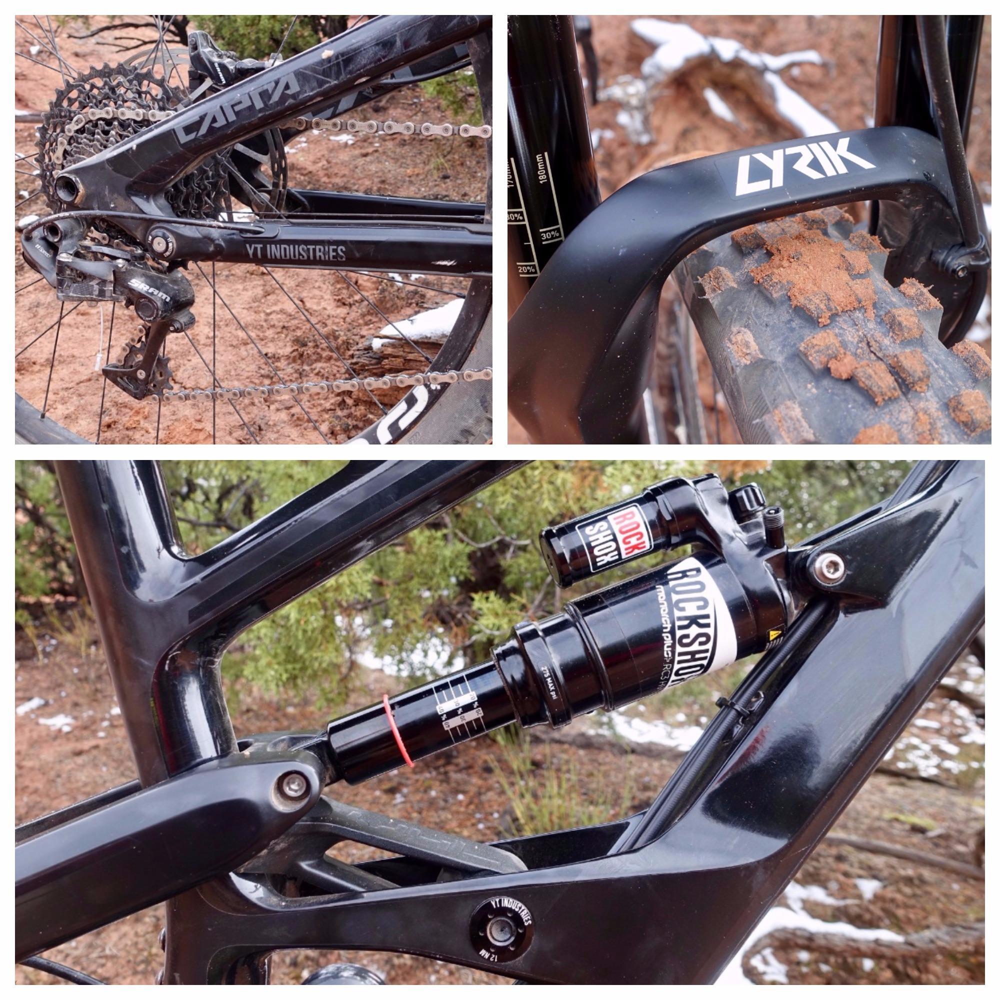 YT Industries Capra Carbon: A close-up view of a mountain bike featuring its various components. The top left image shows the rear derailleur and chain amidst a dirt background. The top right image focuses on the front fork labeled "LYRIK" with noticeable mud on the tire. The bottom image highlights the bike's rear shock absorber branded "ROCKSHOX" and the frame design, showcasing its sleek black finish and technical details.