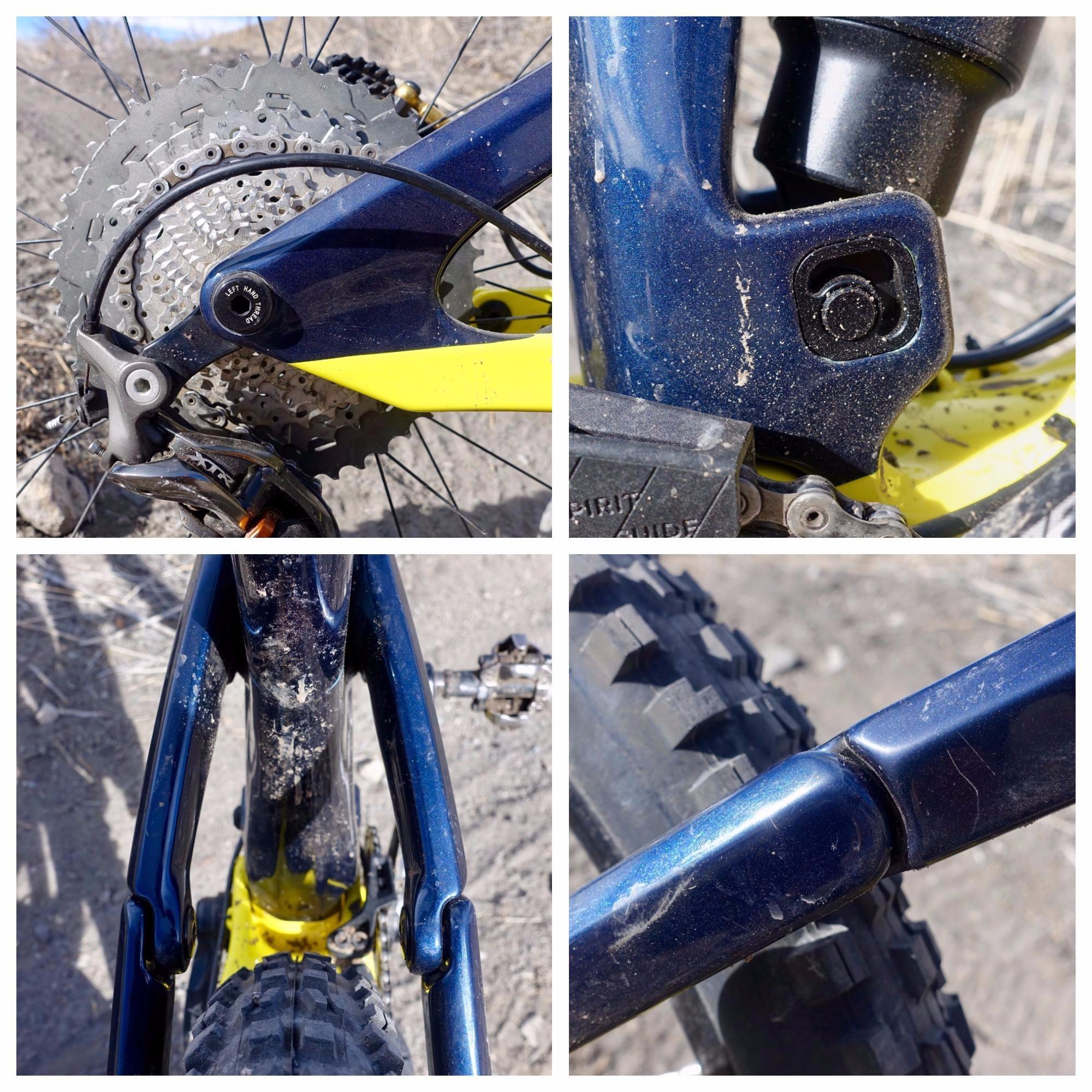 Rocky Mountain Slayer 790 MSL: Close-up images of a mountain bike's drivetrain and frame details. The top left shows the rear cassette and derailleur, while the top right highlights a suspension component. The bottom left focuses on the rear triangle and linkage, emphasizing the bike's construction, and the bottom right captures the joint of the frame, revealing wear and dirt from off-road use.