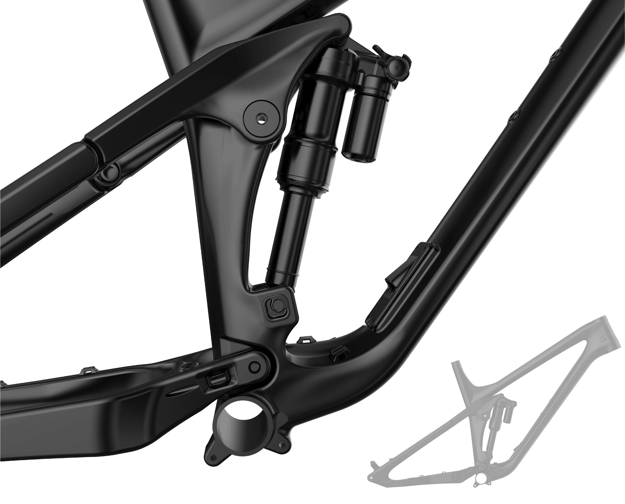 Rocky Mountain Slayer: Close-up view of a black mountain bike frame, highlighting the suspension system and its components. An overlay image of a similar bike frame is visible in a lighter shade for comparison.