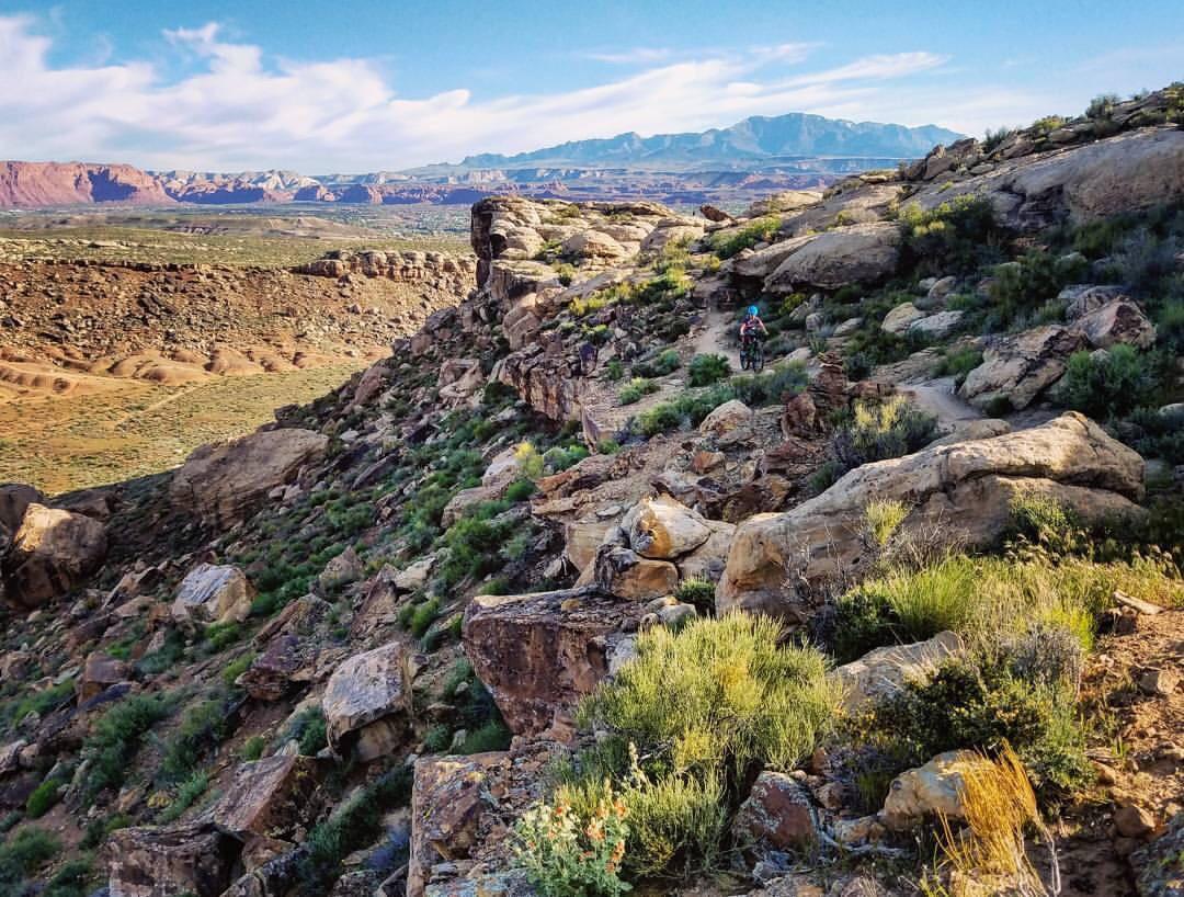 A mountain biker navigates a rocky trail surrounded by shrubs and grass, with rugged mountains in the distance under a clear blue sky. Zen Trail mountain bike trail.