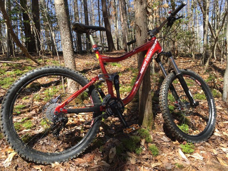 A red mountain bike leaning against a tree in a wooded area, surrounded by fallen leaves and greenery. The bike features thick tires, a sturdy frame, and front suspension, indicating it