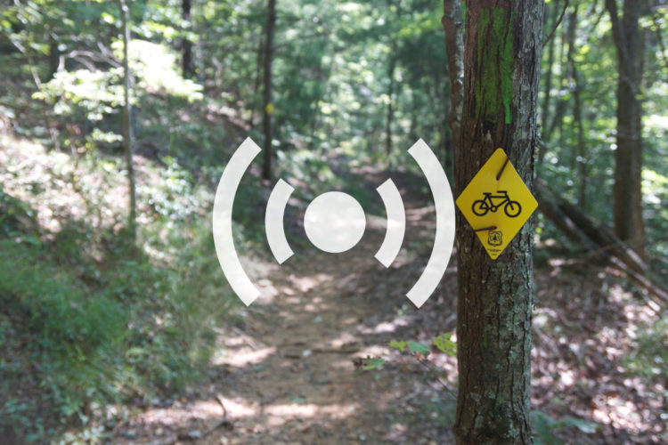 A yellow bike trail sign attached to a tree in a wooded area, with a blurred dirt path visible in the background. The sign indicates that the trail is suitable for biking.