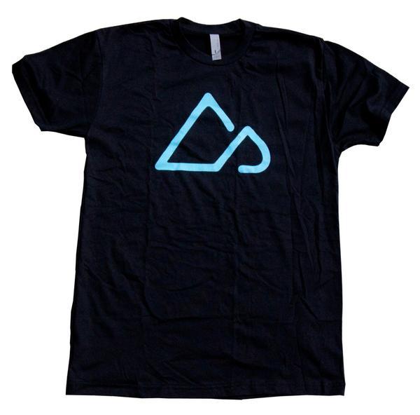 Singletracks Mountain Bike: Black t-shirt featuring a large, light blue geometric logo design on the front. The logo consists of two triangular shapes and a curved line, creating a modern and minimalist aesthetic.