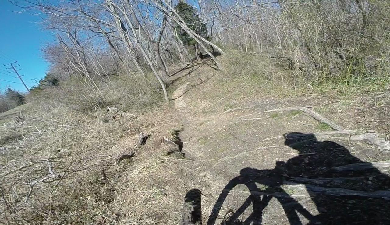 A mountain biker's shadow is cast on a dirt trail surrounded by sparse trees and brush, under a clear blue sky. The path is uneven, with visible roots and rocks, suggesting an adventurous biking route through a natural setting. Power lines can be seen in the background. Allaire State Park mountain bike trail.