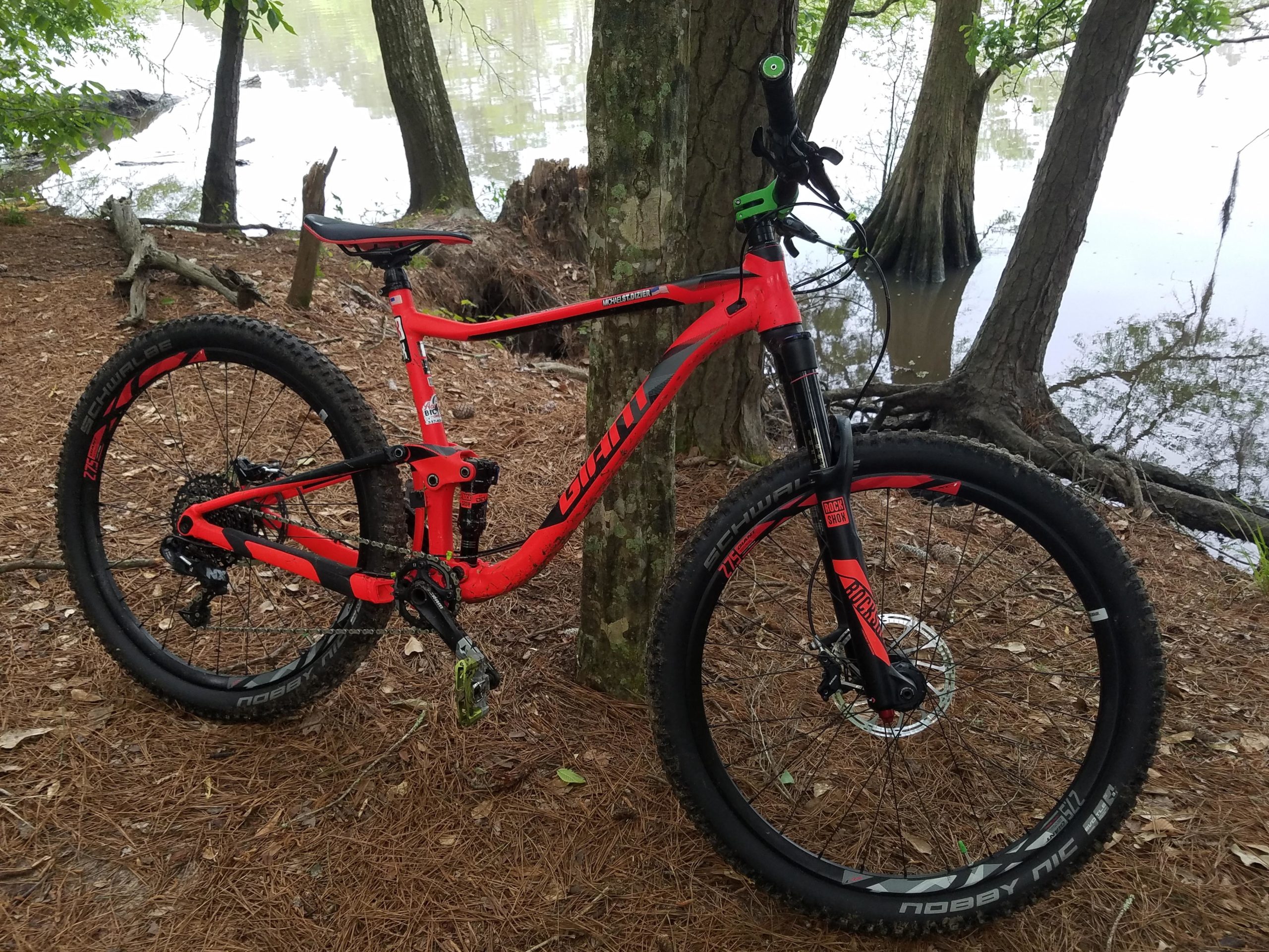 A bright red mountain bike leaning against a tree near a calm body of water, surrounded by pine needles and greenery. The bike features large tires and a modern design, showcasing its suitability for off-road riding. Blue Trail mountain bike trail.