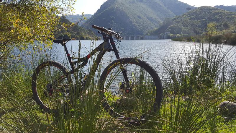 Cannondale Scalpel Carbon 3: A mountain bike is parked on grass near a serene lake, surrounded by lush greenery and hills in the background. The sun is shining, illuminating the peaceful landscape.