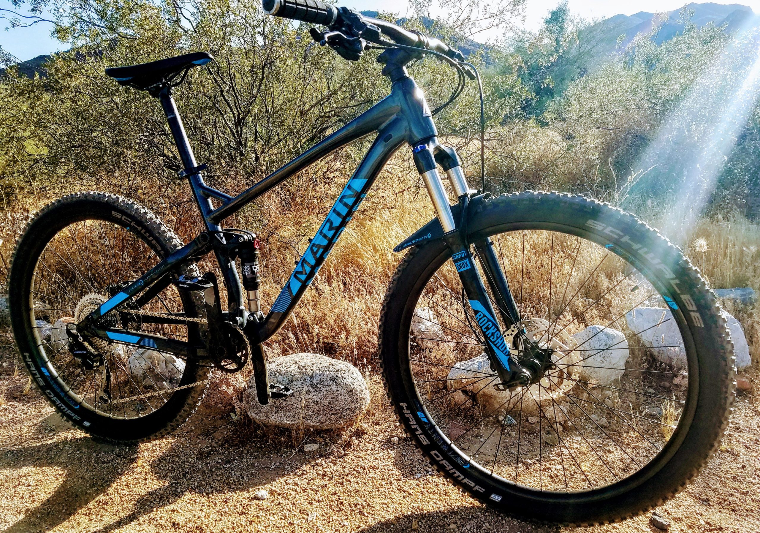 A black mountain bike with blue accents is positioned on a trail surrounded by dry grass and shrubs. The bike features thick tires and a front suspension fork, ideal for off-road riding. Sunlight shines through the trees, illuminating the scene. White Tanks Regional Park Trails mountain bike trail.