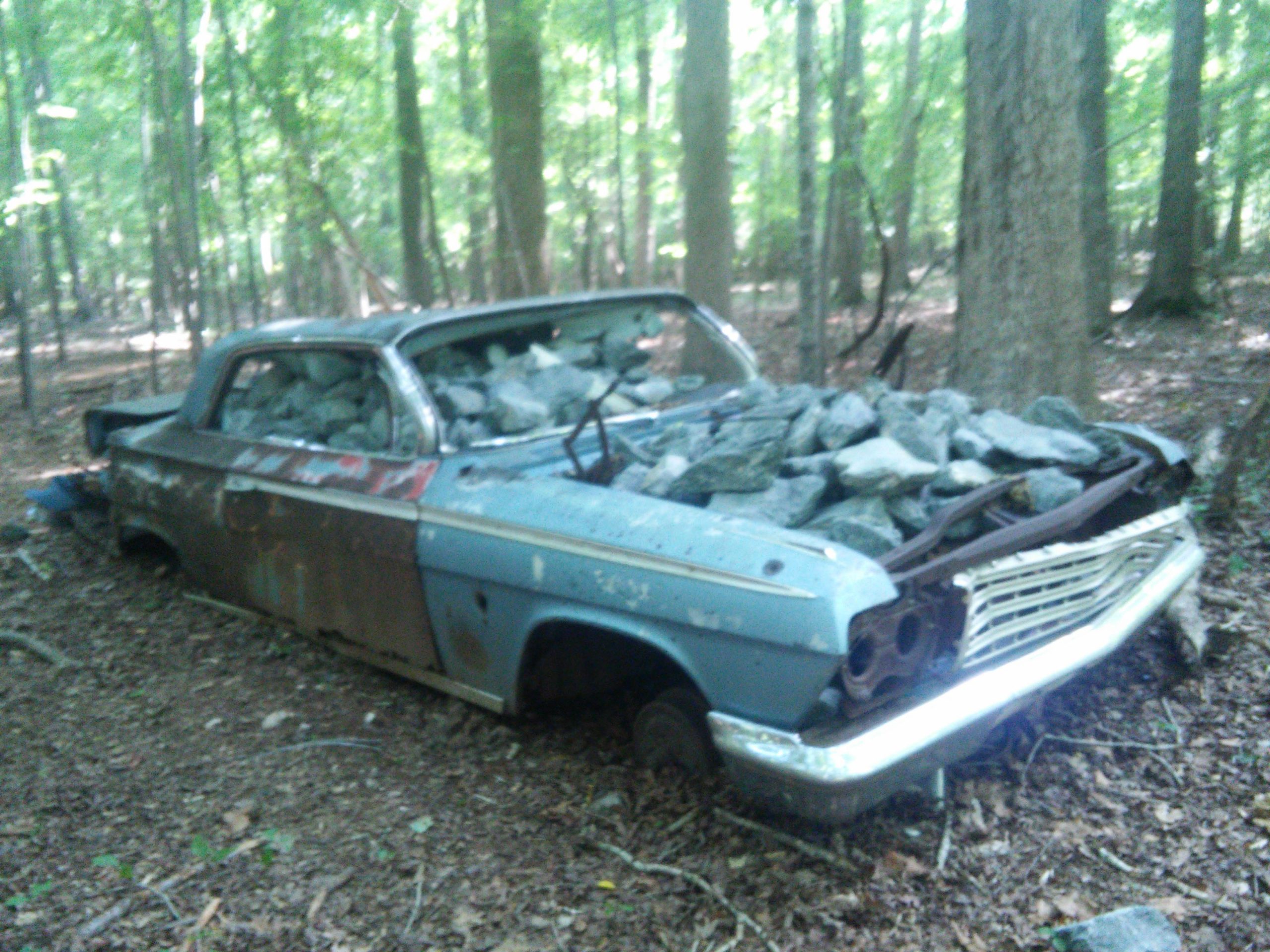 An abandoned, rusty blue car partially buried in the forest floor, covered with rocks on its roof, surrounded by dense green trees and a carpet of fallen leaves. Brumley Forest mountain bike trail.