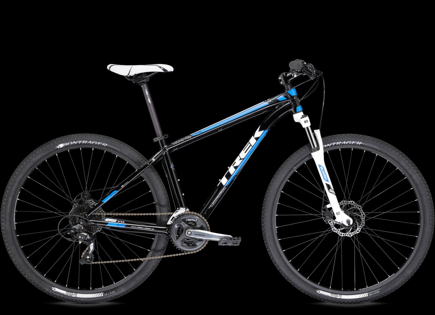 Trek X-Caliber: A black and blue mountain bike with a white seat, featuring disc brakes and knobby tires, displayed against a black background.