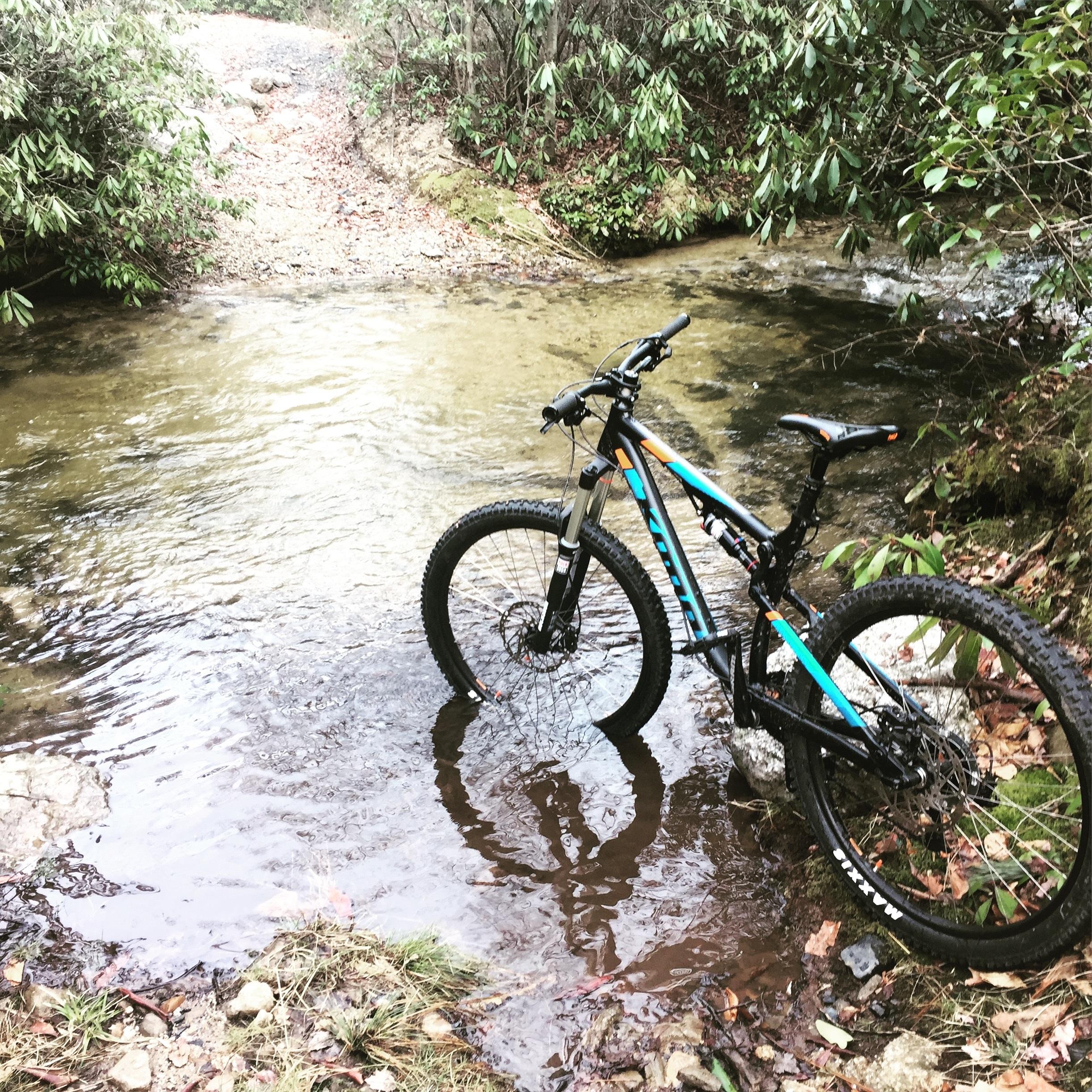 Kona Precept: A mountain bike resting beside a shallow stream, with one wheel partially submerged in the water. The surrounding area features a natural landscape with greenery and rocky paths, suggesting a rugged outdoor setting. Leaves and stones are visible along the bank of the stream.