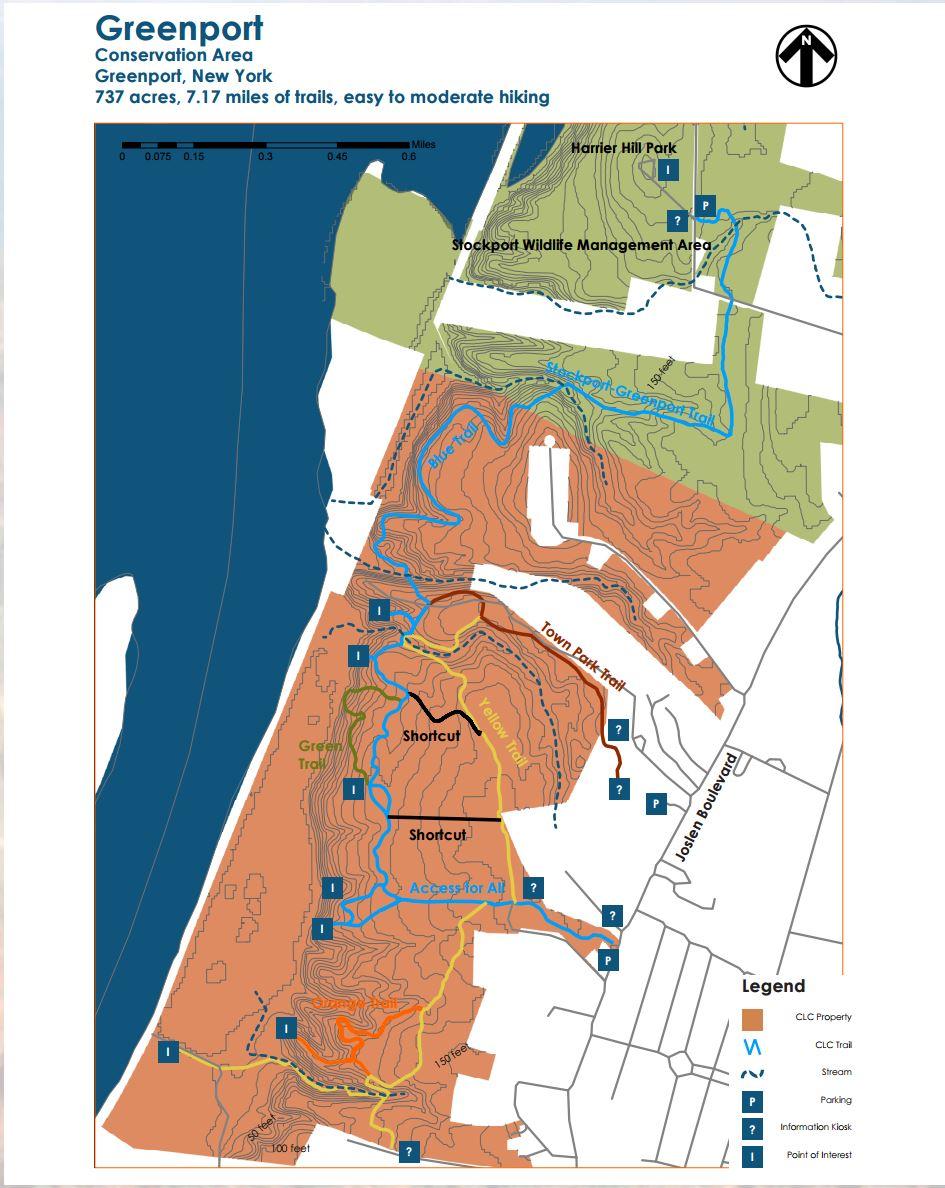 A map of the Greenport Conservation Area in Greenport, New York, showcasing 737 acres and 7.17 miles of easy to moderate hiking trails. The map includes marked trails in various colors, a legend indicating different features like CLC properties, parking areas, and points of interest, as well as the surrounding Stockport Wildlife Management Area and Harrier Hill Park. Greenport Conservation mountain bike trail.