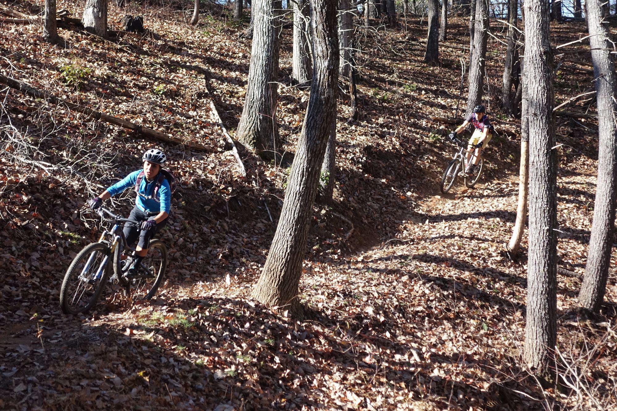 Two mountain bikers navigating a wooded trail covered with fallen leaves. The trail winds through a forest setting, with trees on either side and patches of sunlight filtering through the branches. One biker is in the foreground wearing a blue shirt and helmet, while the second biker is further down the trail, dressed in a colorful jersey. Bull / Jake Mountain mountain bike trail.