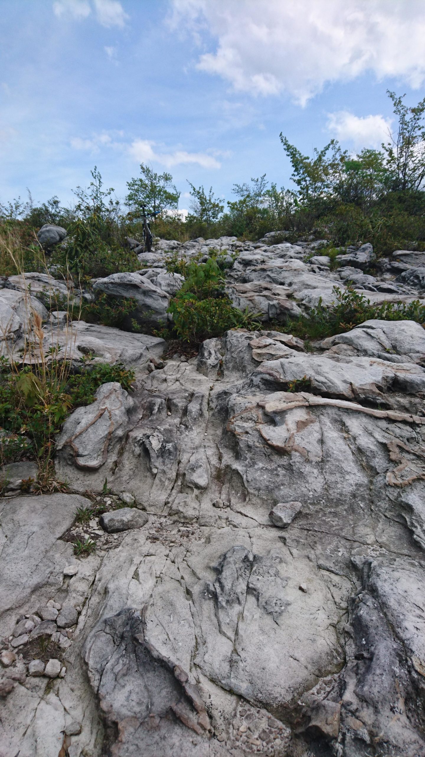 Rocky terrain with patches of green vegetation and a cloudy sky. The view is taken from a low angle, highlighting the uneven, textured surface of the rocks leading up toward the sky. CVI Trails mountain bike trail.