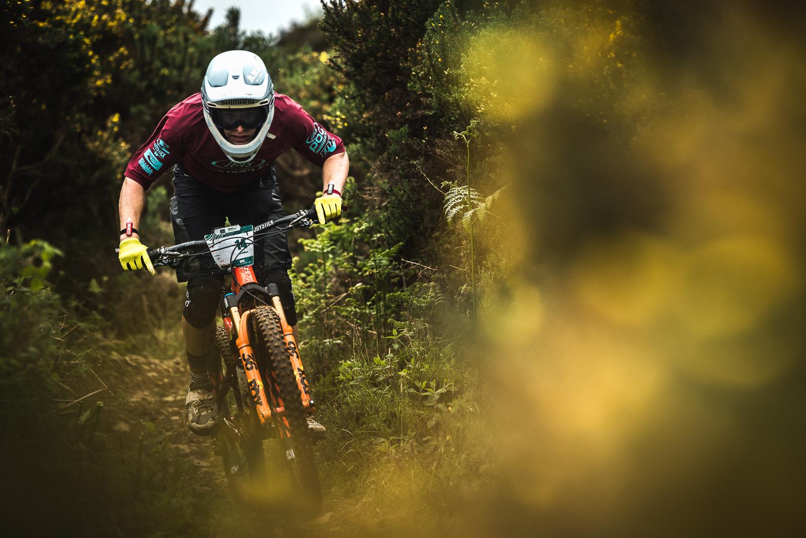 Ibis Mojo HD4: A mountain biker in protective gear rides aggressively down a narrow dirt trail surrounded by greenery. The focus is on the rider, who is leaning forward while navigating the terrain, showcasing the excitement of the sport. Bright yellow gloves and a helmet contrast with the earthy colors of the path and foliage.