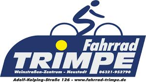 Logo for Fahrrad Trimpe, featuring a cyclist silhouette and the company name prominently displayed. The design includes a sunny backdrop and contact information beneath, indicating the business is located in Neustadt, Germany.
