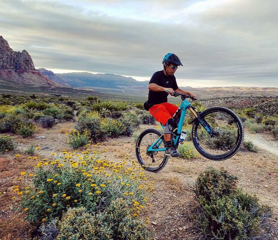A mountain biker performing a wheelie on a blue mountain bike, surrounded by desert scenery dotted with yellow wildflowers and rocky mountains in the background. The sky is partly cloudy, and the rider is wearing a black shirt, orange shorts, a helmet, and sunglasses. Cottonwood Valley North mountain bike trail.