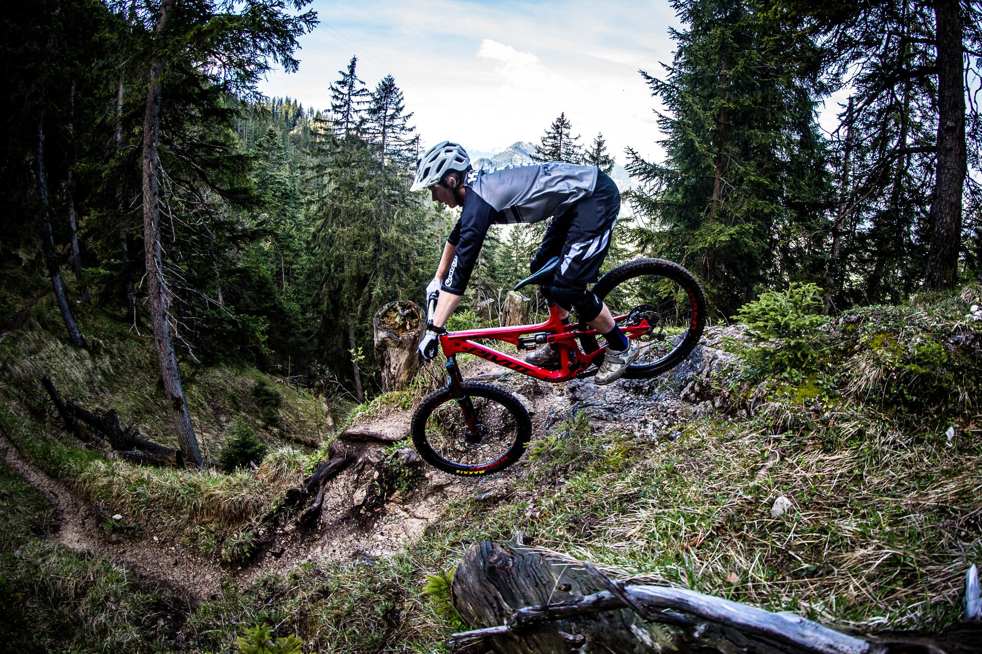 Pivot Mach 5.5: A mountain biker riding down a rocky trail surrounded by dense trees, showcasing dynamic motion and the rugged terrain of a forested area. The biker is wearing protective gear and is on a red mountain bike, navigating a steep descent.