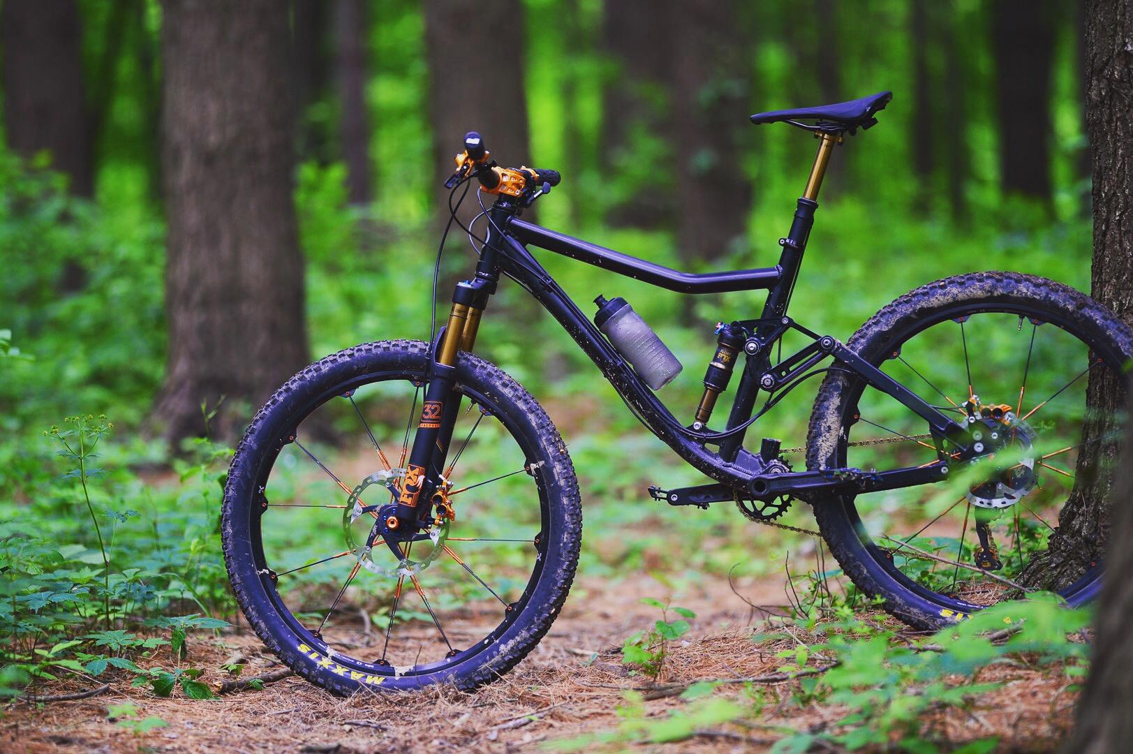 A black mountain bike with gold accents parked on a forest floor, surrounded by green foliage and trees. The bike features large, knobby tires and a water bottle attached to the frame. Farmdale Reservoir Recreation Area mountain bike trail.