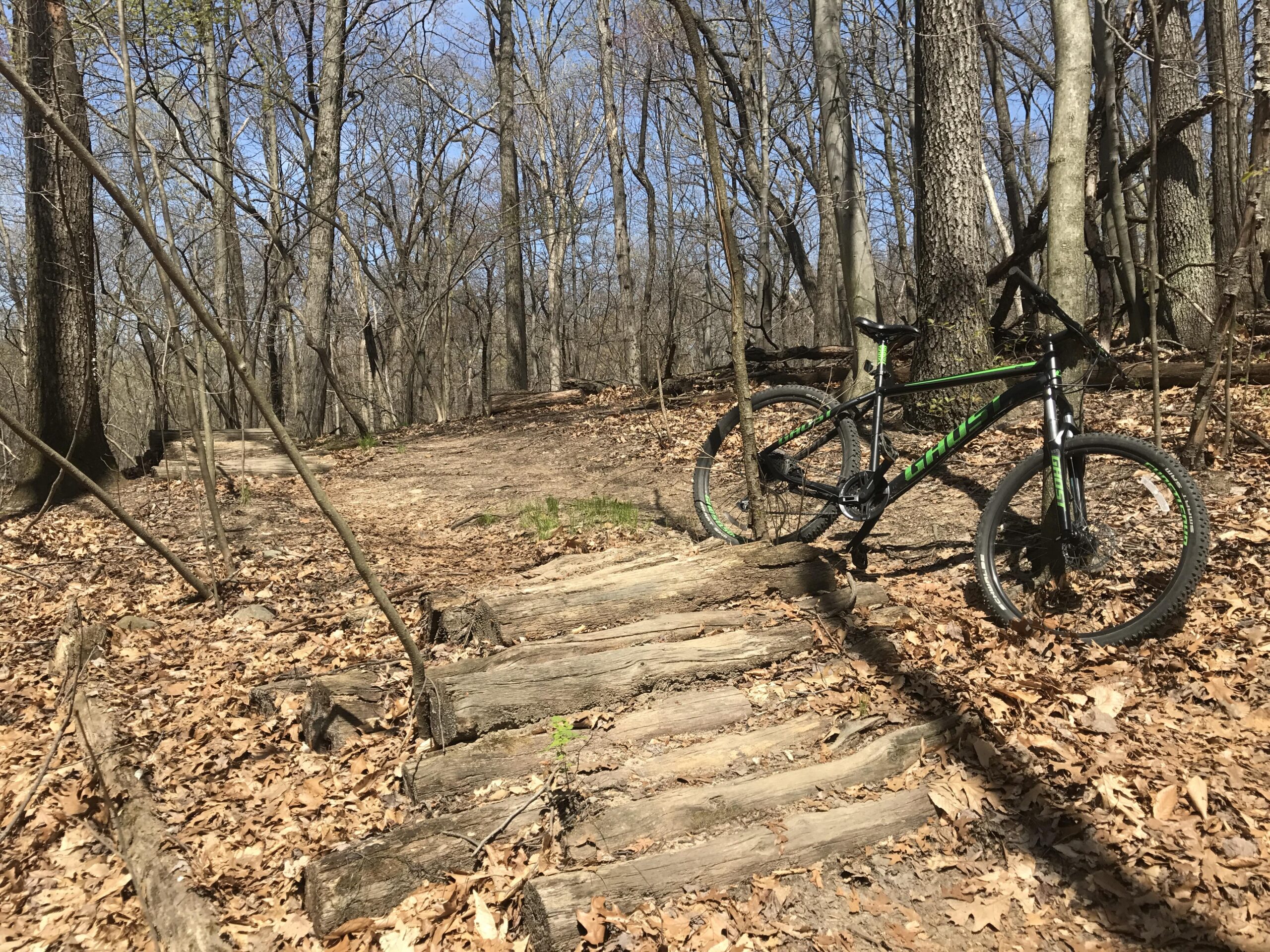 Ghost Kato 3: A mountain bike resting on a wooded trail made of logs, surrounded by bare trees and fallen leaves, with a clear blue sky above.