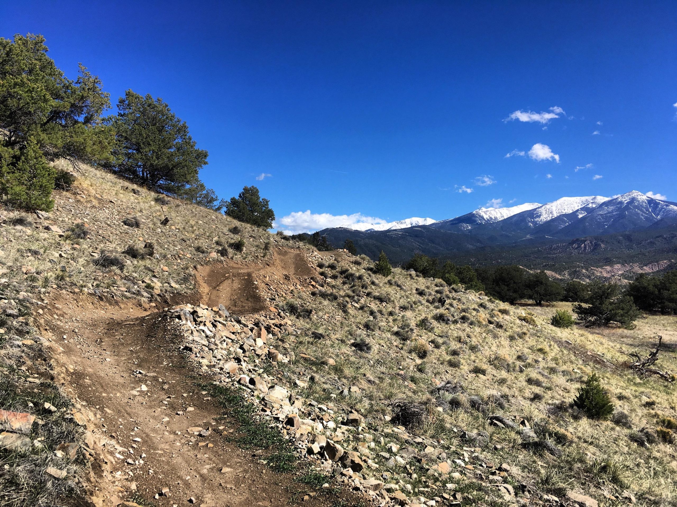 A winding dirt path with rocky sections meanders along a hillside, surrounded by sparse grass and small trees. In the background, snow-capped mountains rise under a clear blue sky with a few scattered clouds. Chicken Dinner mountain bike trail.