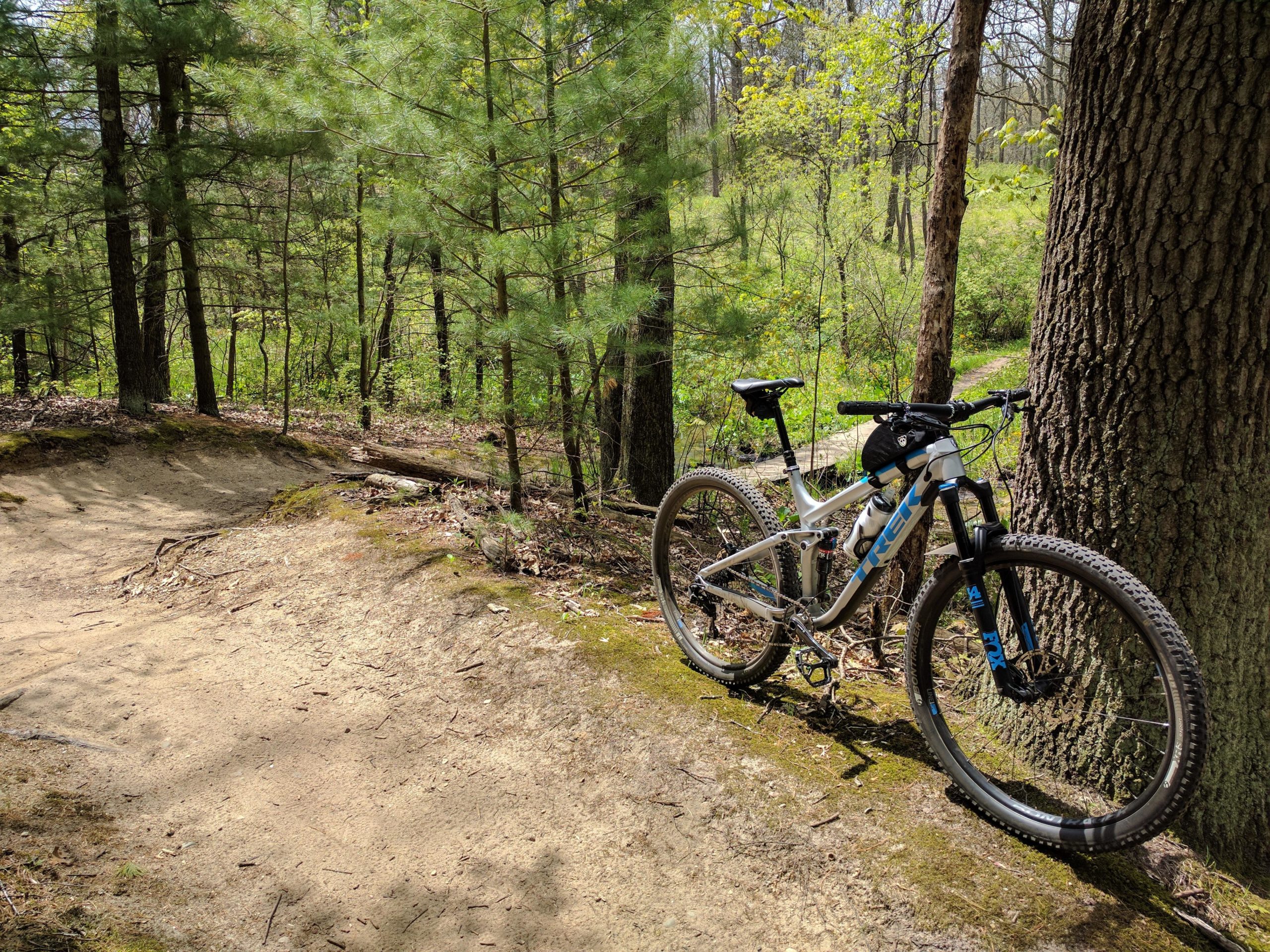 A mountain bike resting against a tree on a dirt trail surrounded by lush greenery and sunlight filtering through the leaves. The path is winding, with a sandy texture and some small rocks and branches. Yankee Springs mountain bike trail.