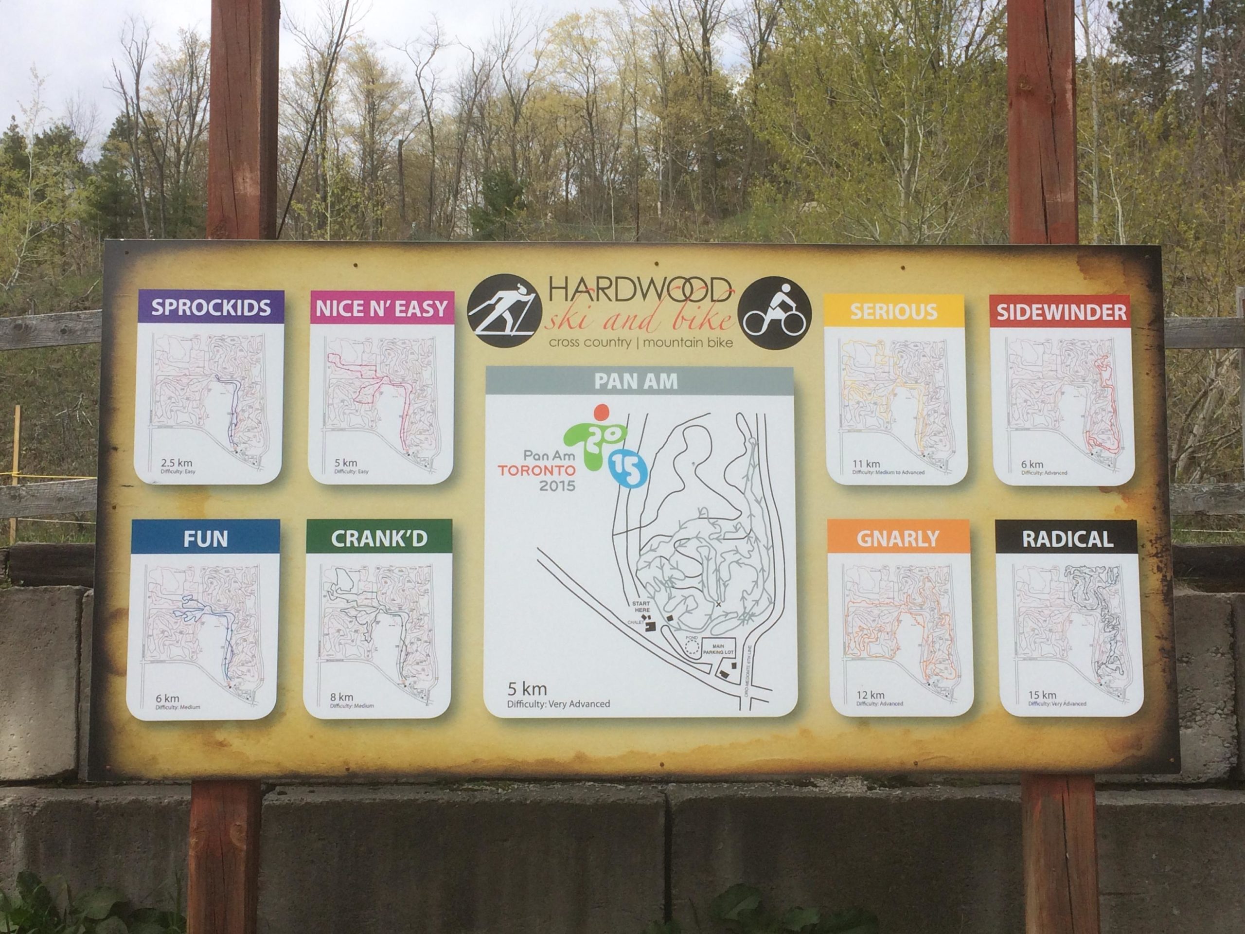 A map sign at Hardwood Ski and Bike, featuring various trails for mountain biking. The sign displays trail names such as "Sprockids," "Nice N' Easy," "Fun," "Crank'd," "Serious," "Sidewinder," "Gnarly," and "Radical," along with their distances and difficulty levels. The trails range from 2.5 km to 15 km, with difficulty classifications from easy to very advanced. The background shows trees and nature, indicating a scenic outdoor environment. Hardwood Ski and Bike mountain bike trail.